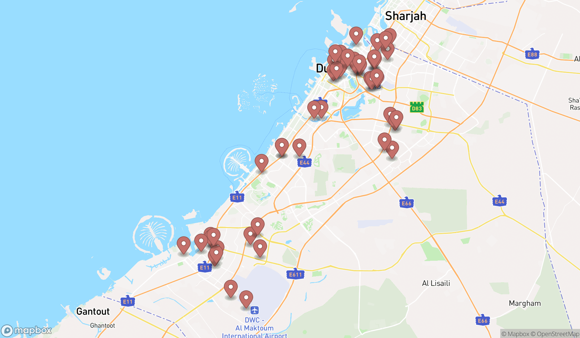 Map showing the search results in Dubai