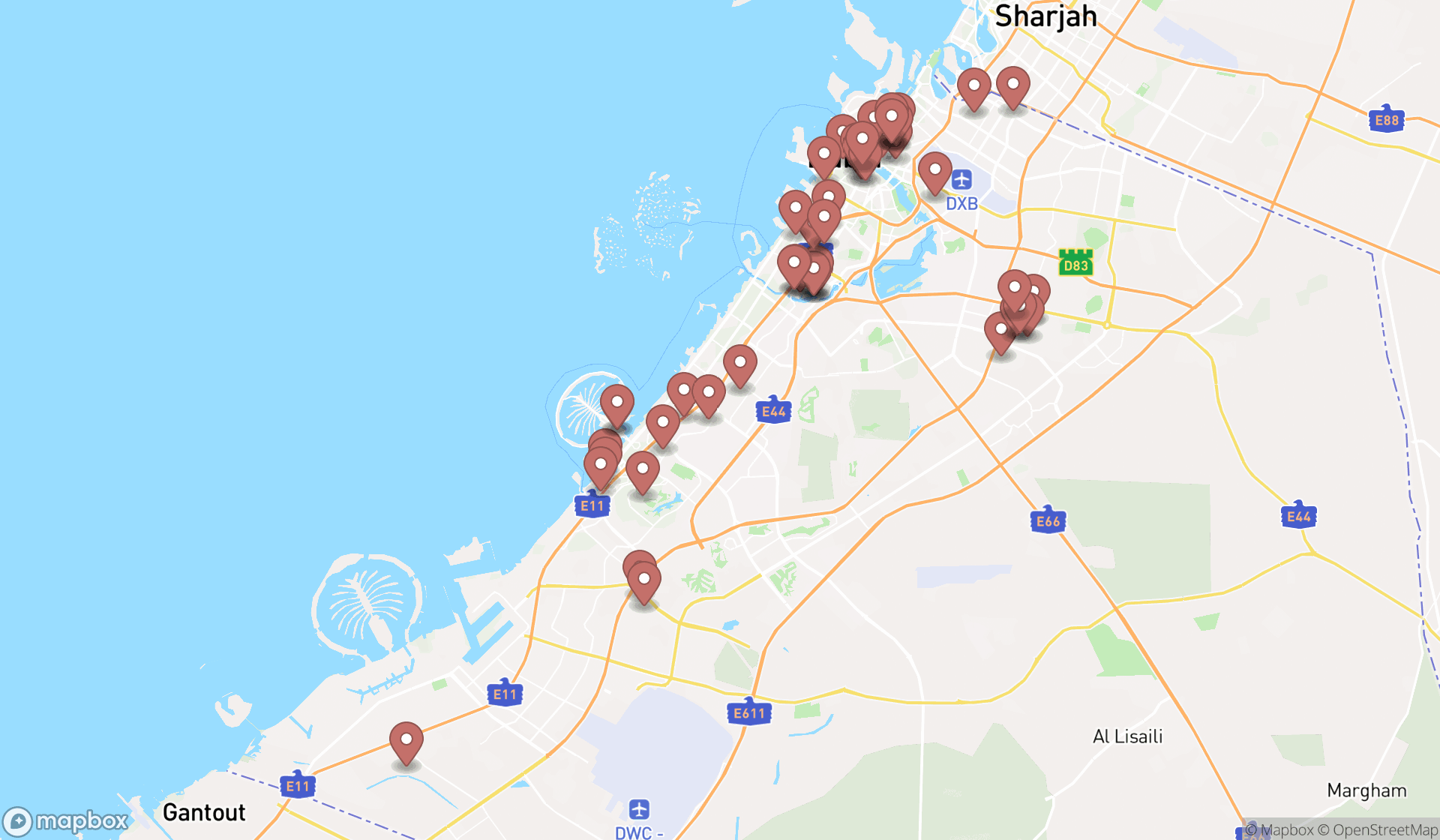 Map showing the search results in Dubai