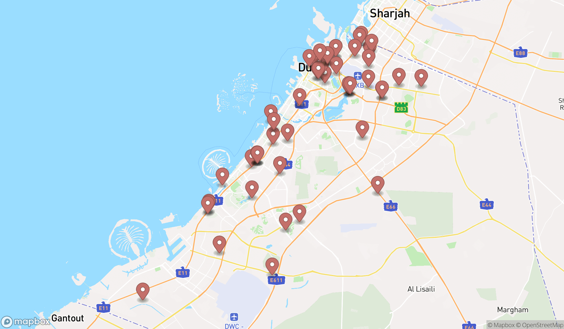 Map showing the search results in Dubai