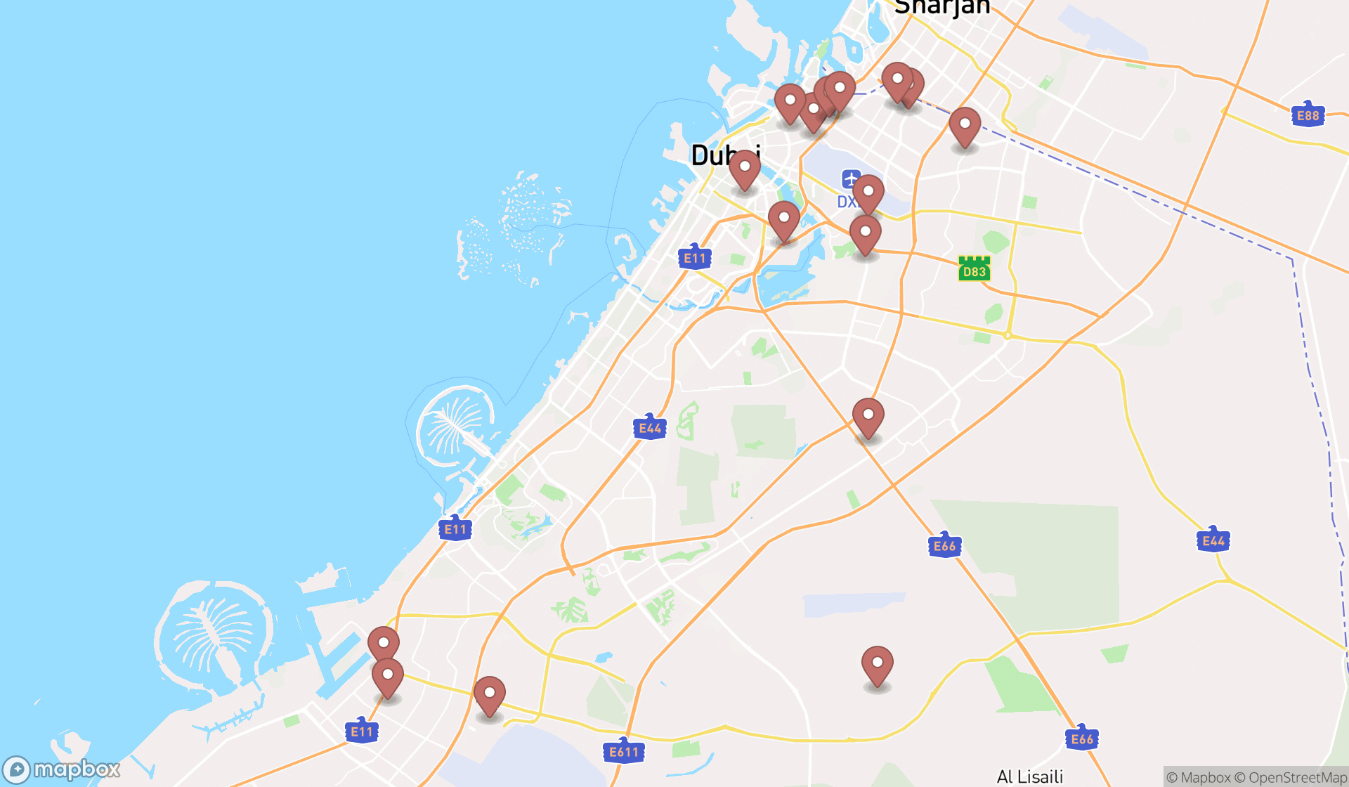 Map showing the search results in Dubai