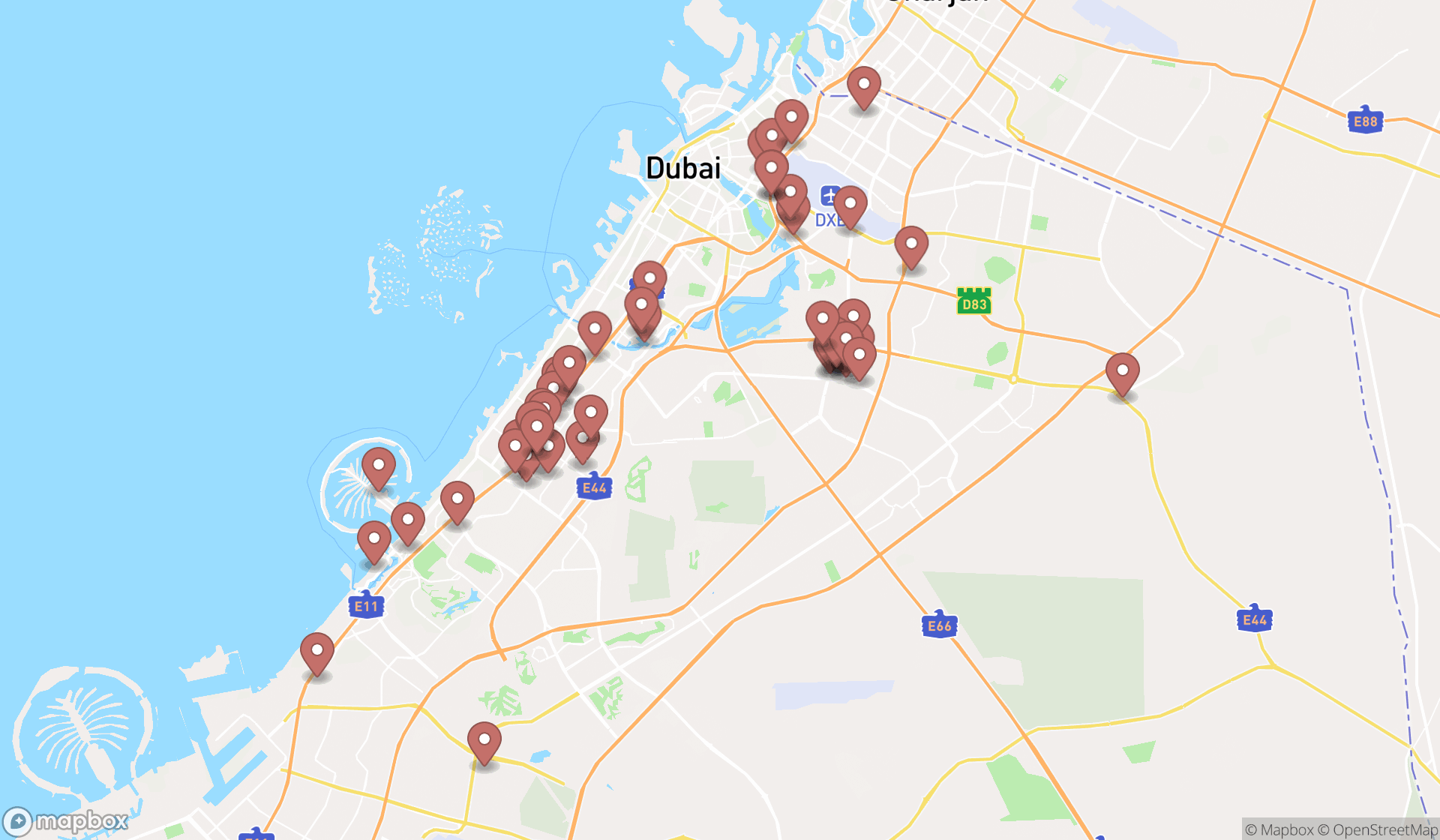 Map showing the search results in Dubai