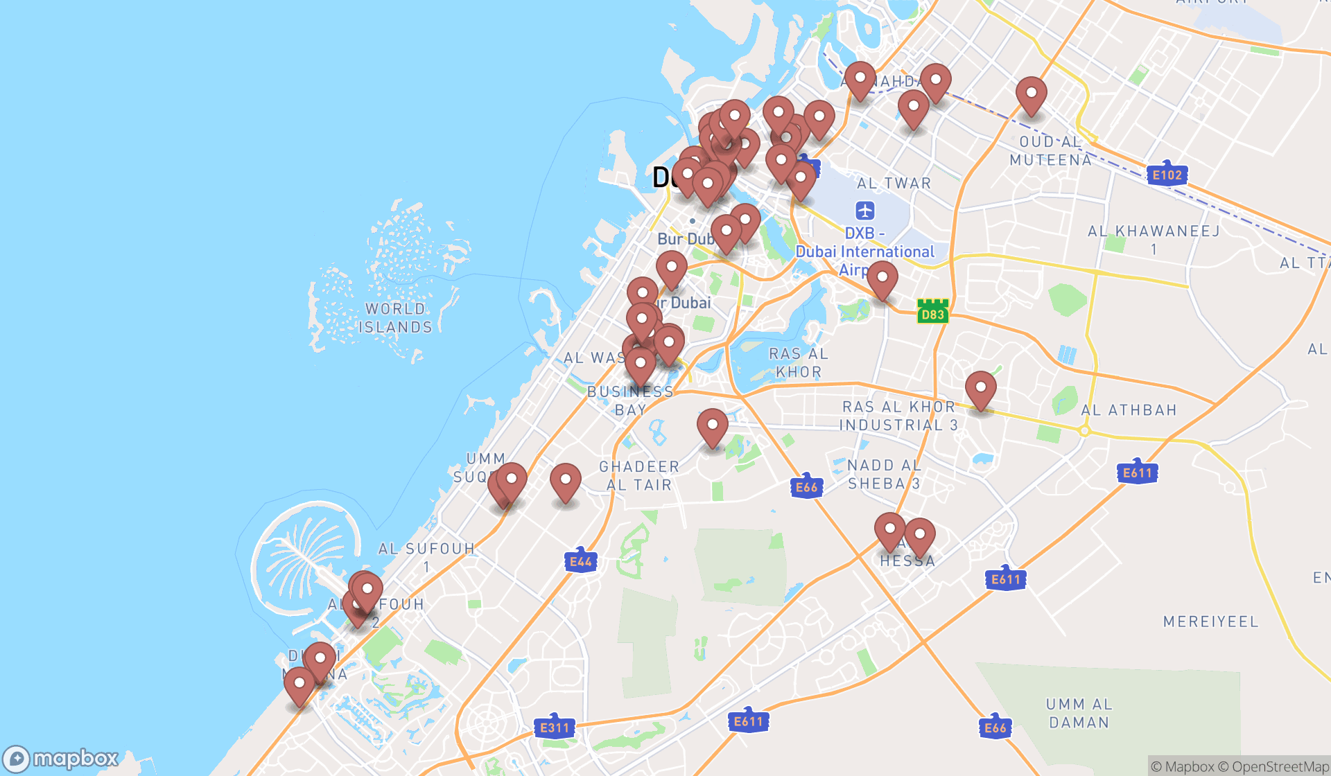 Map showing the search results in Dubai