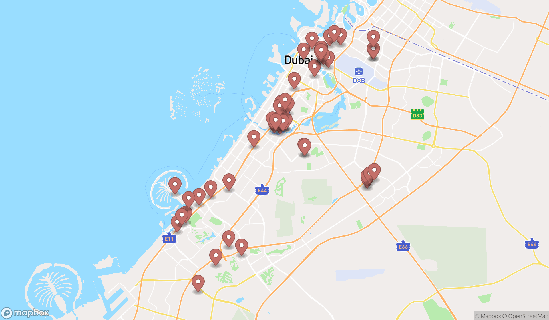 Map showing the search results in Dubai