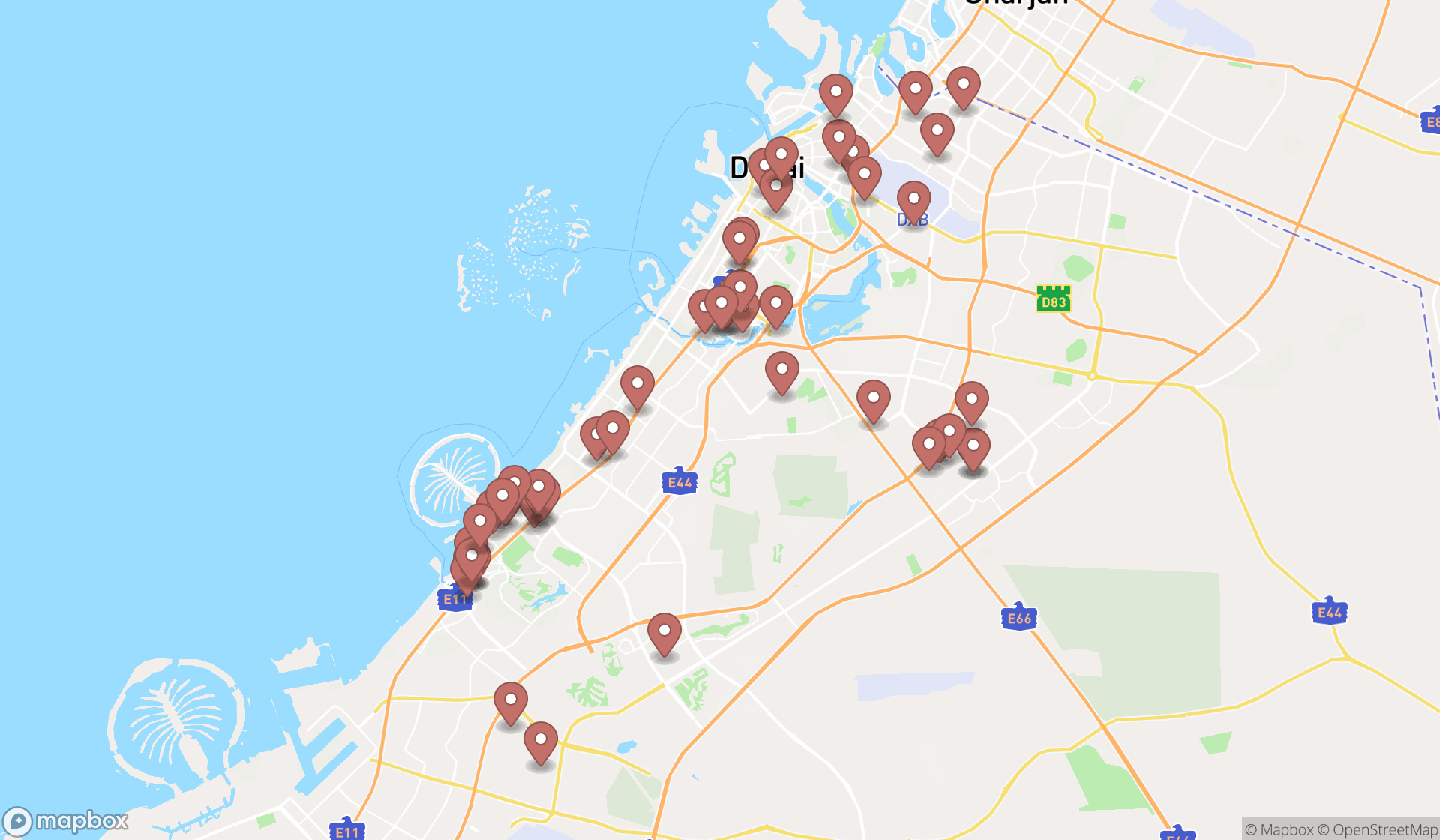 Map showing the search results in Dubai