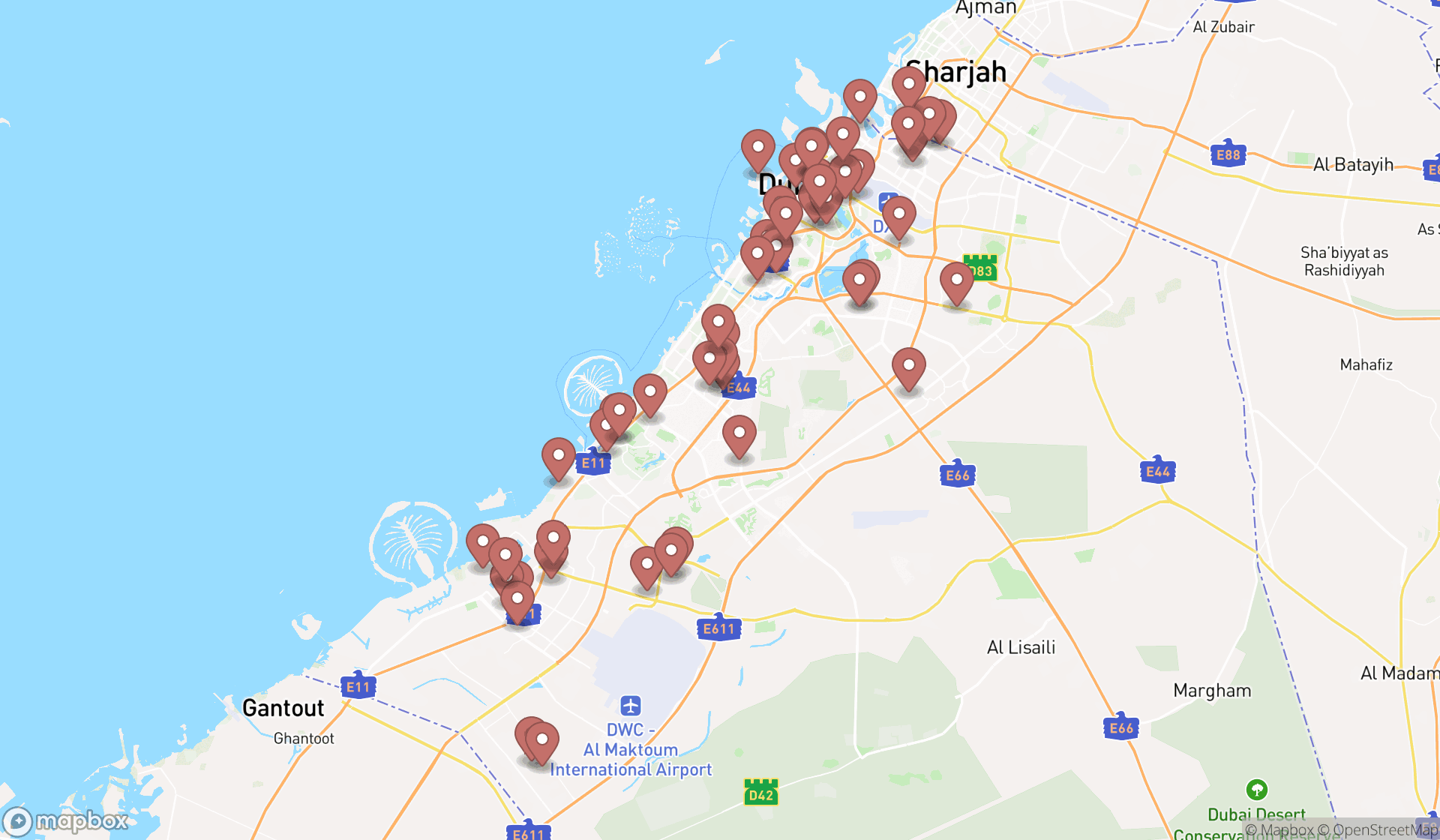 Map showing the search results in Dubai