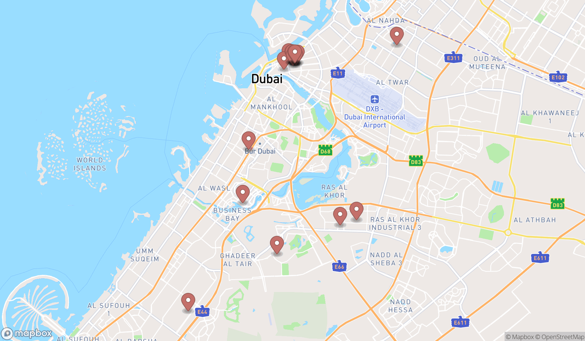 Map showing the search results in Dubai