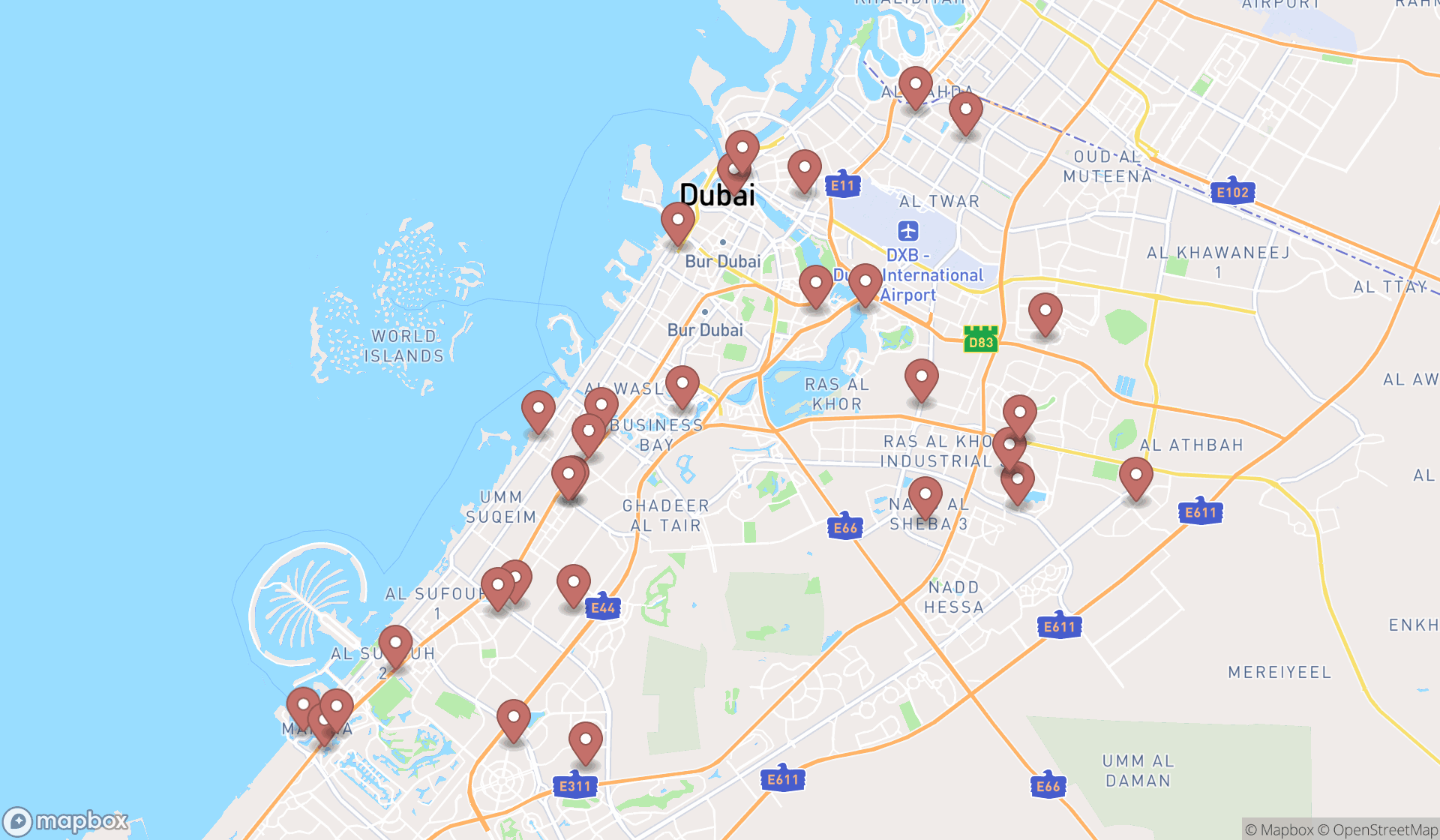 Map showing the search results in Dubai