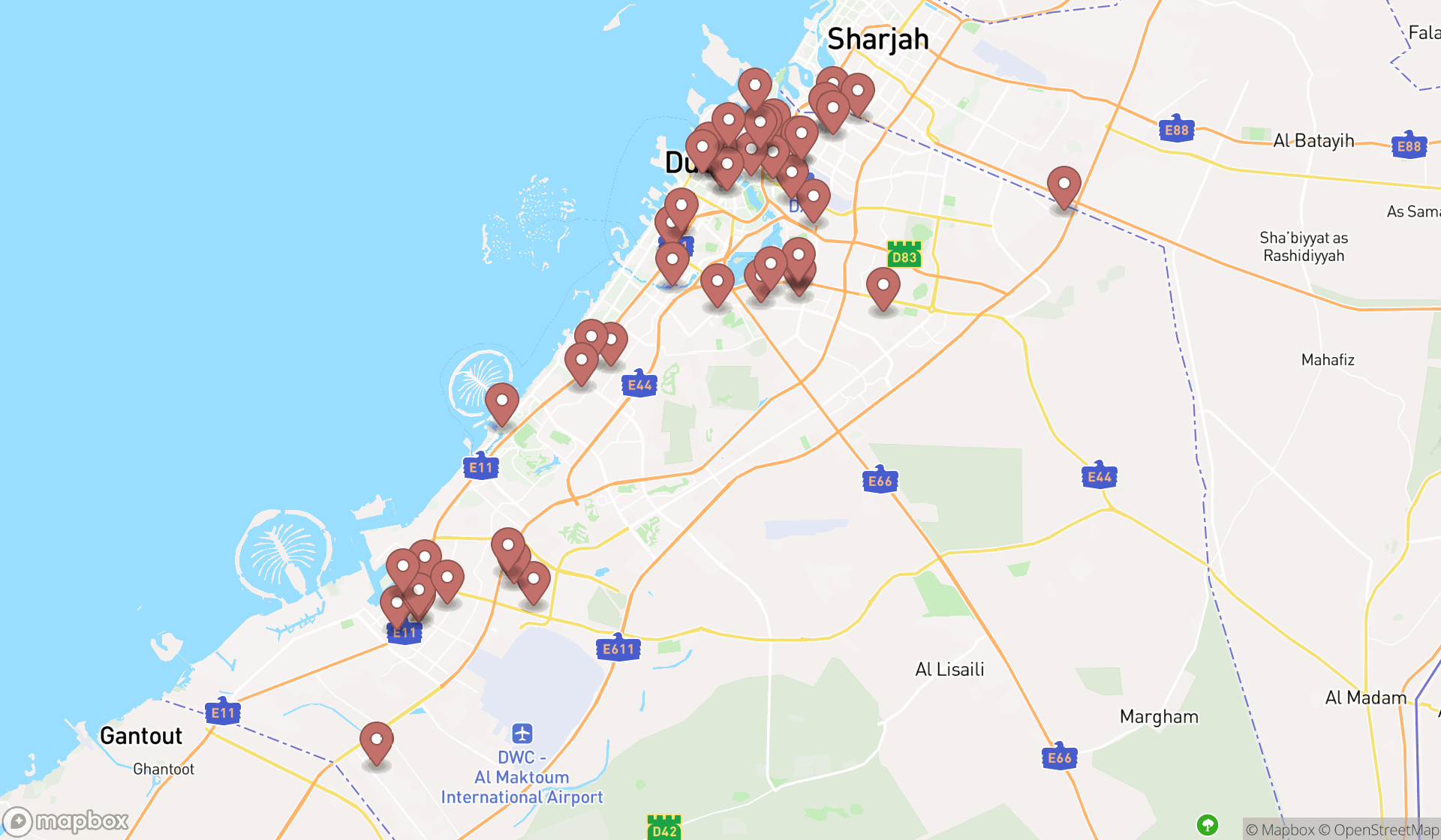 Map showing the search results in Dubai