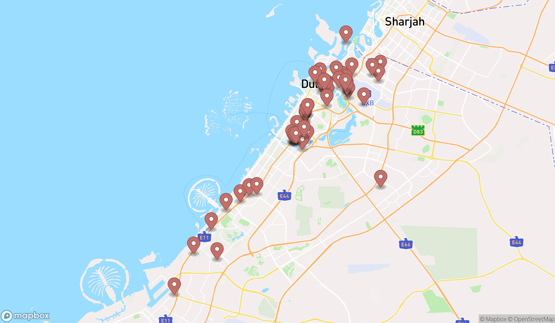 Map showing the search results in Dubai