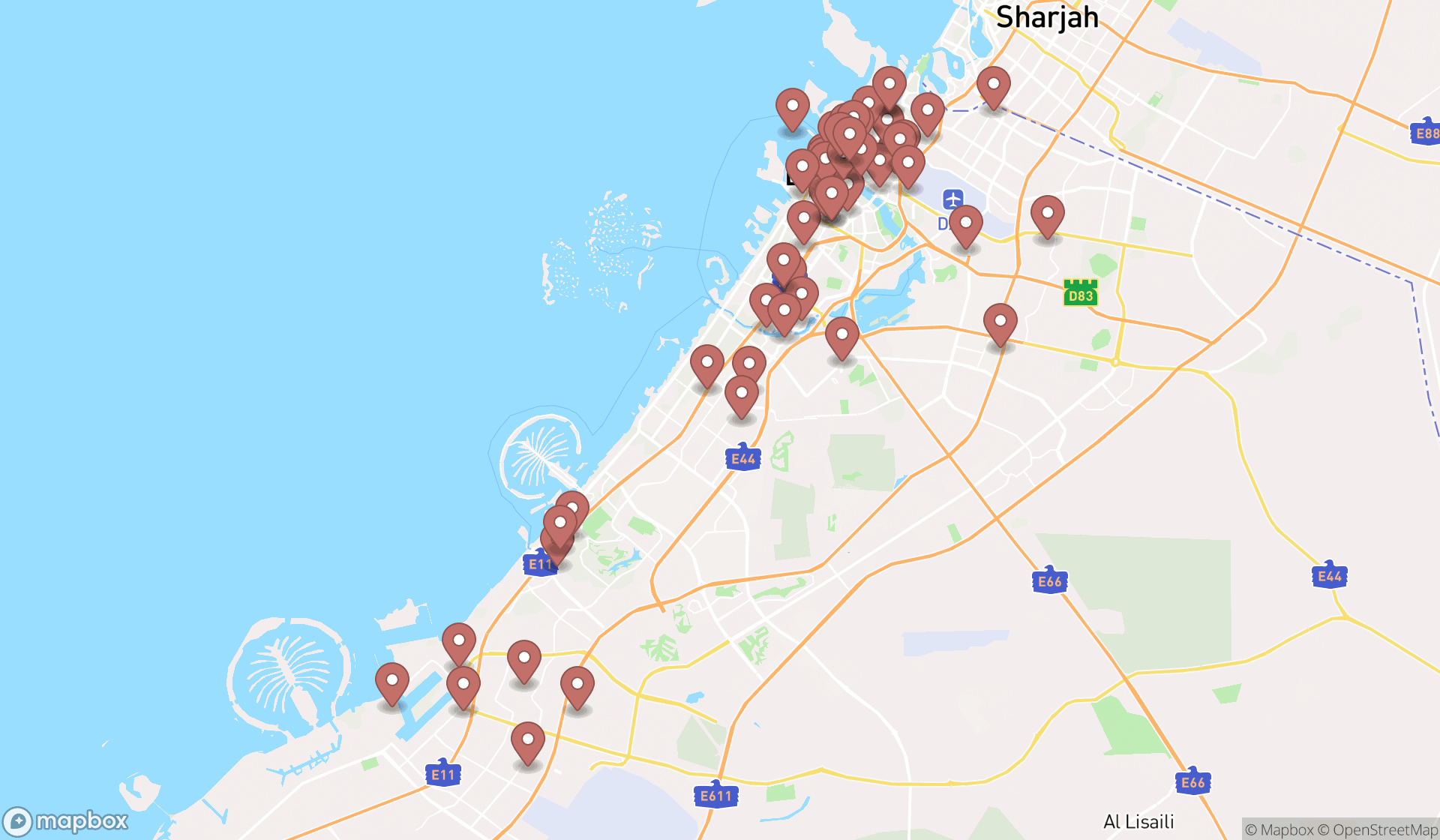 Map showing the search results in Dubai