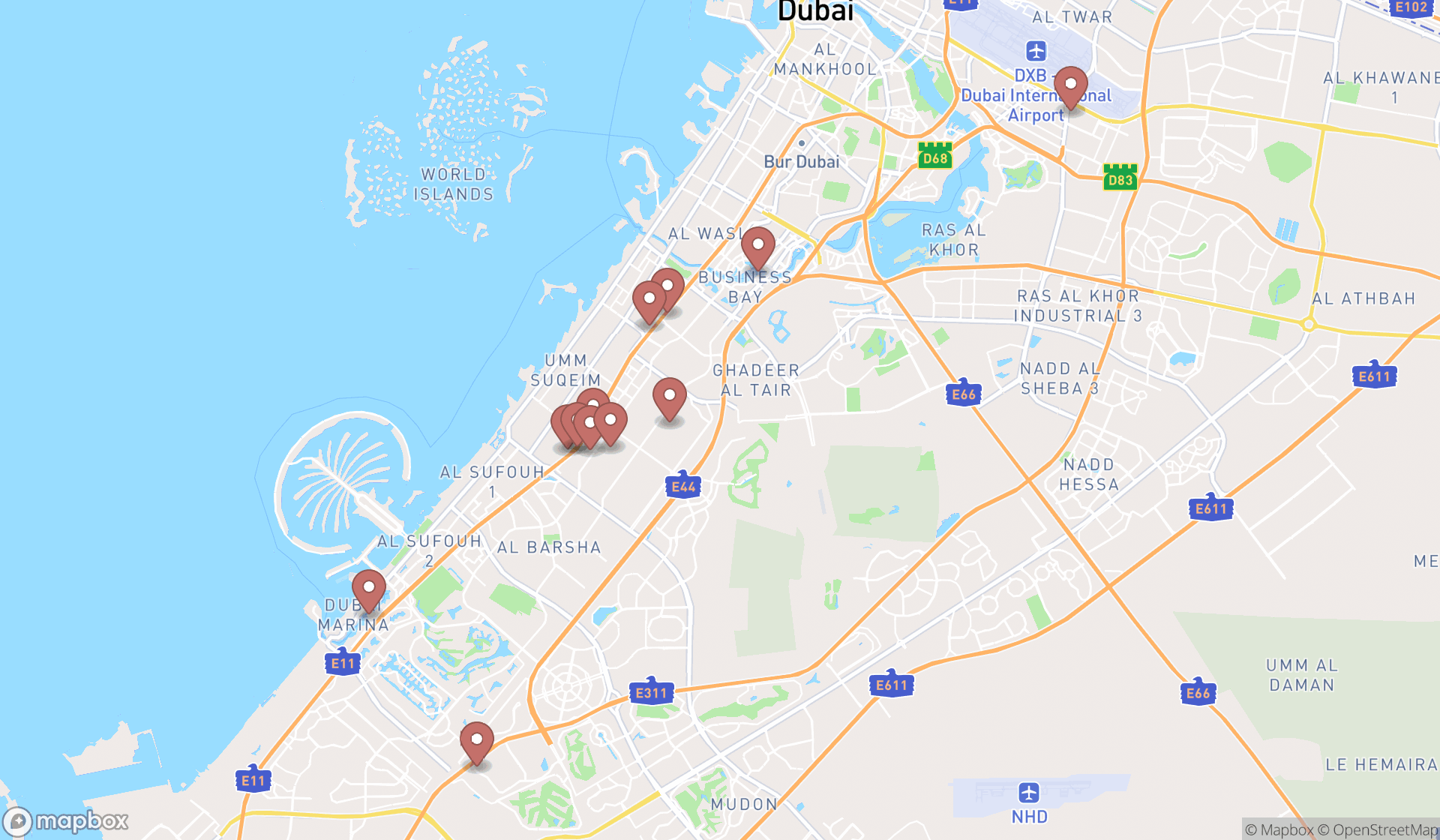 Map showing the search results in Dubai