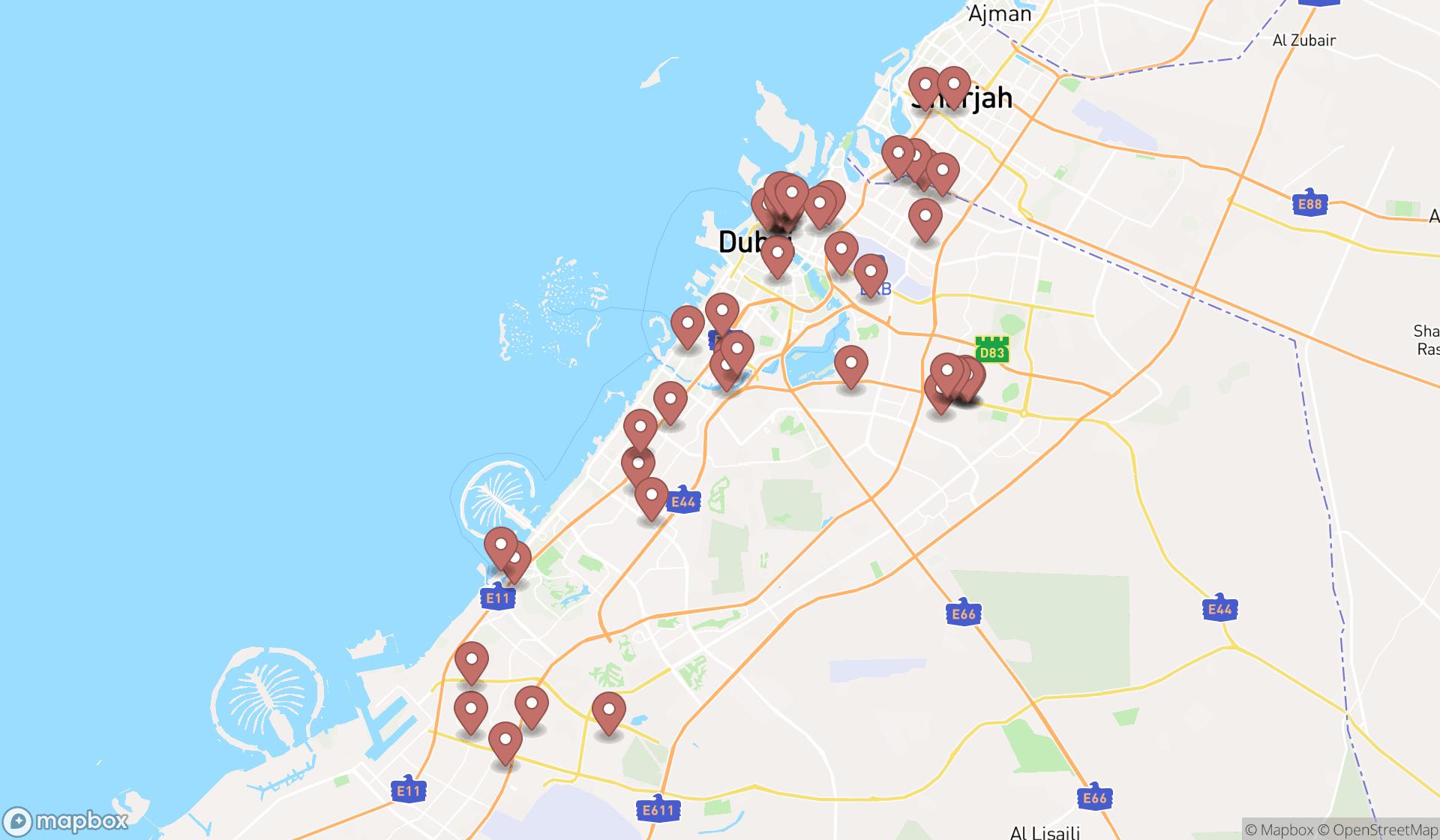 Map showing the search results in Dubai