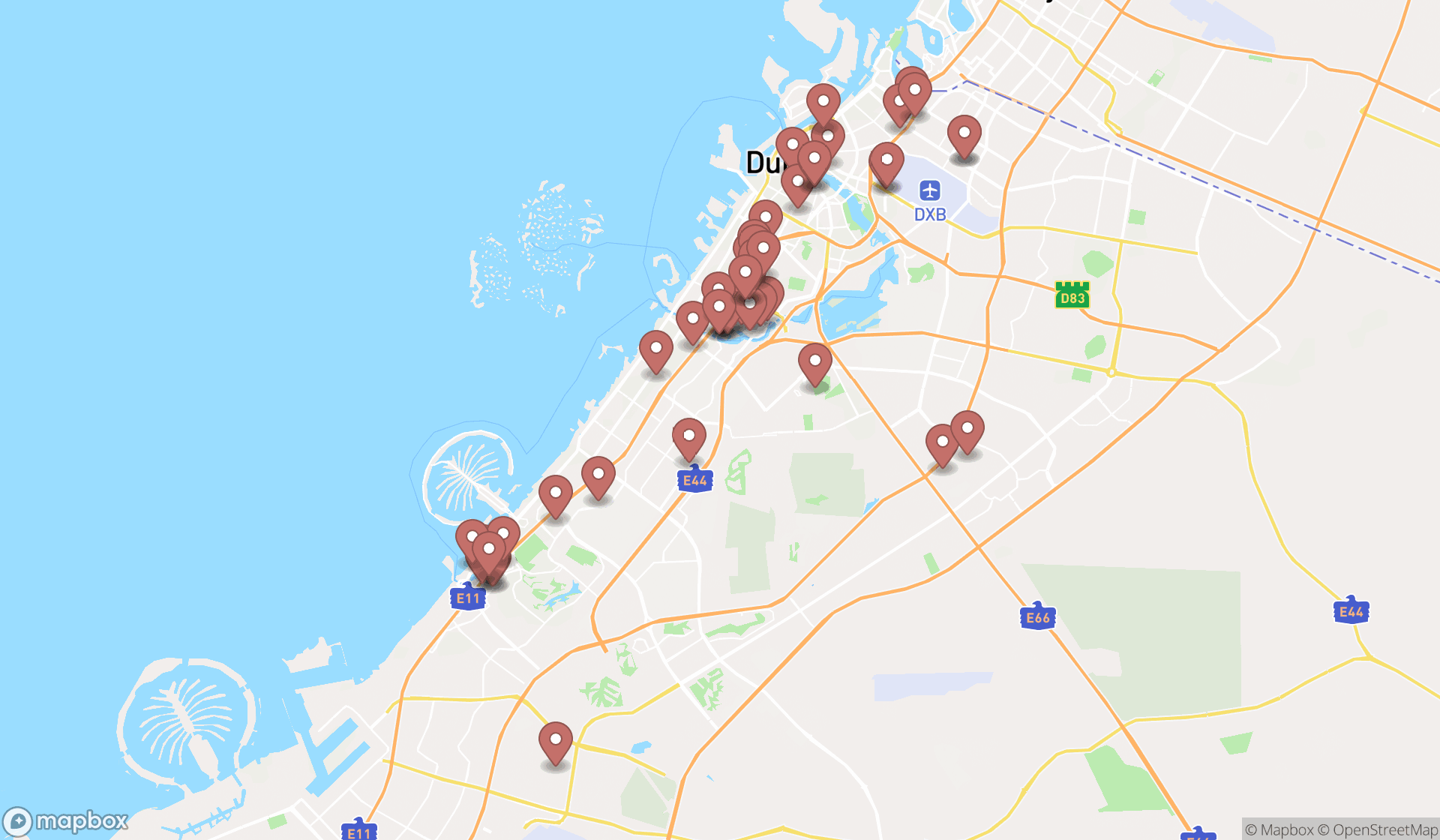 Map showing the search results in Dubai