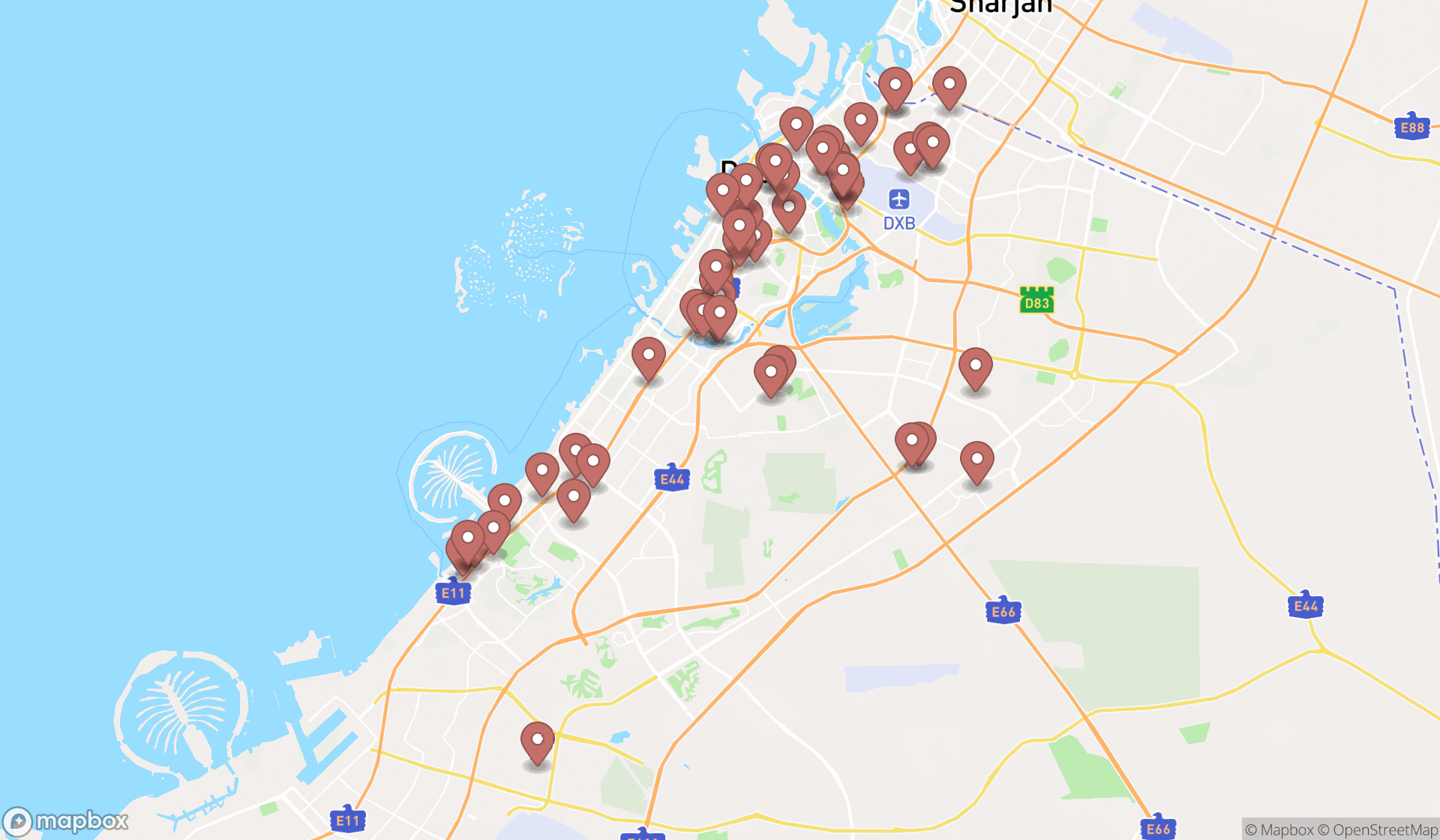 Map showing the search results in Dubai
