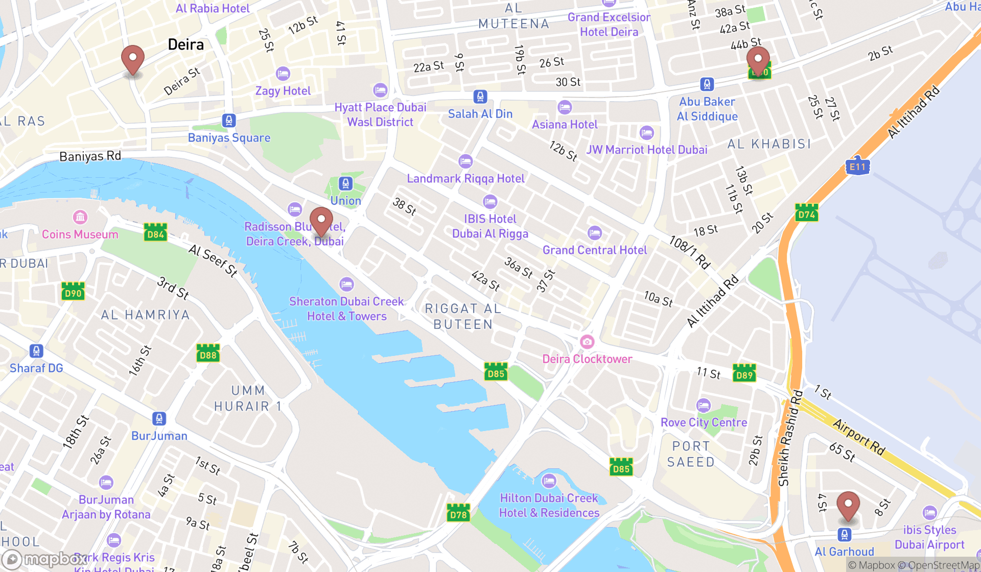 Map showing the search results in Dubai
