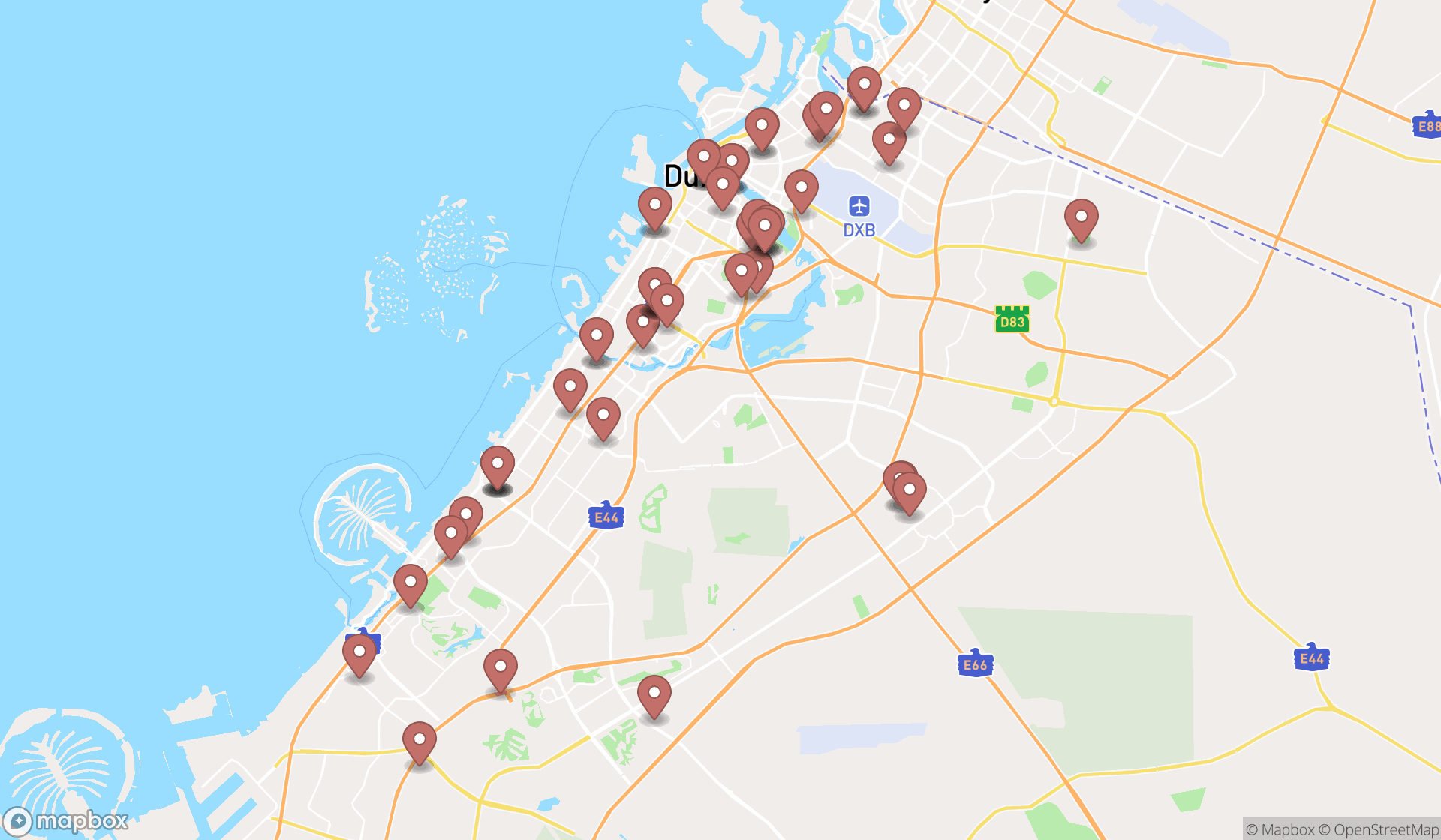 Map showing the search results in Dubai