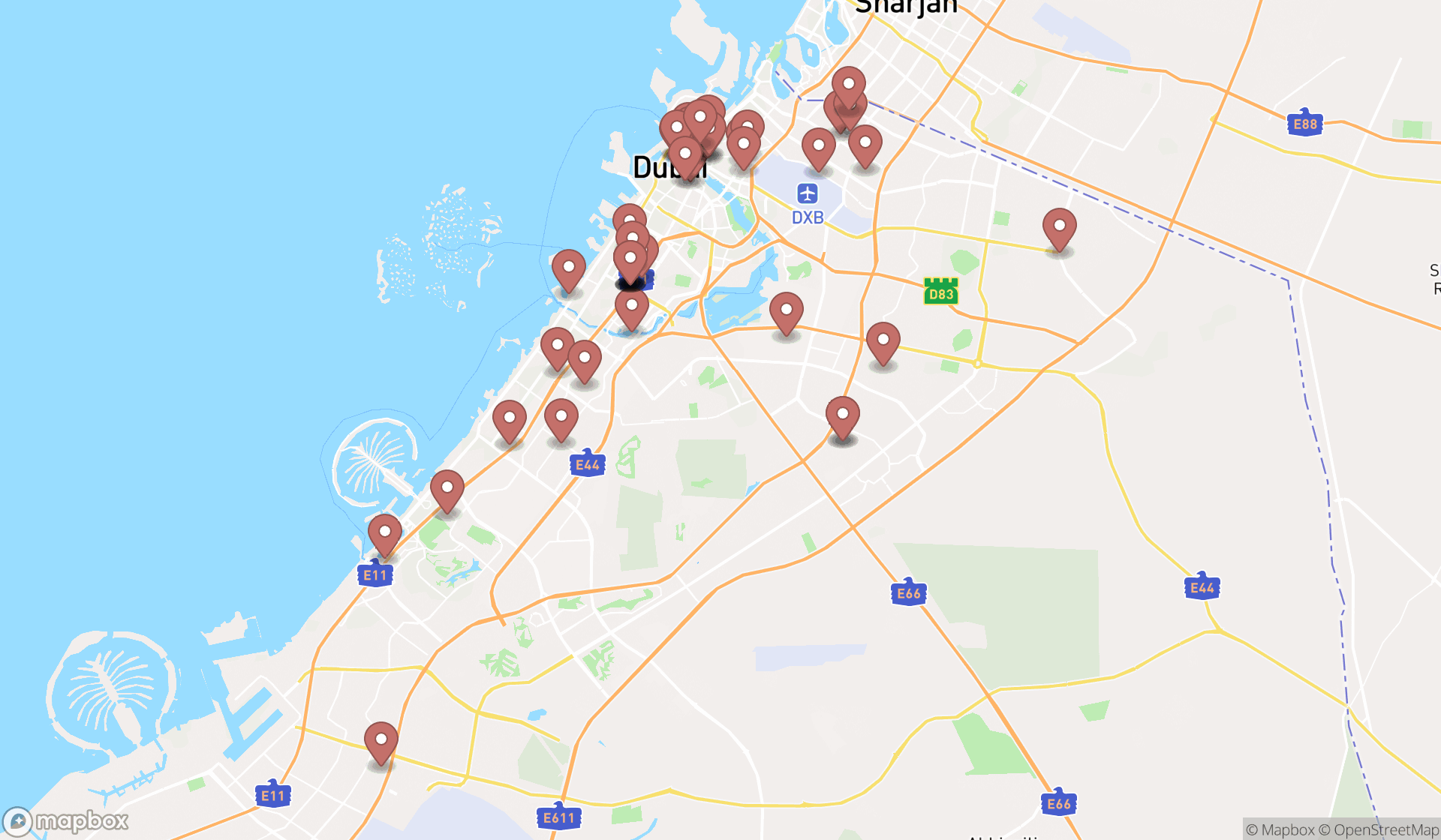 Map showing the search results in Dubai