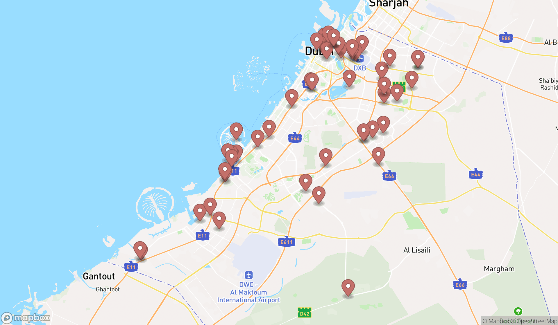 Map showing the search results in Dubai