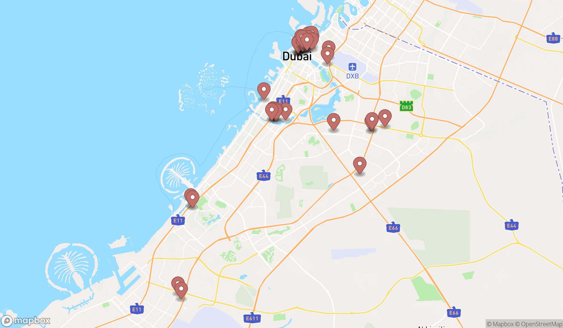 Map showing the search results in Dubai