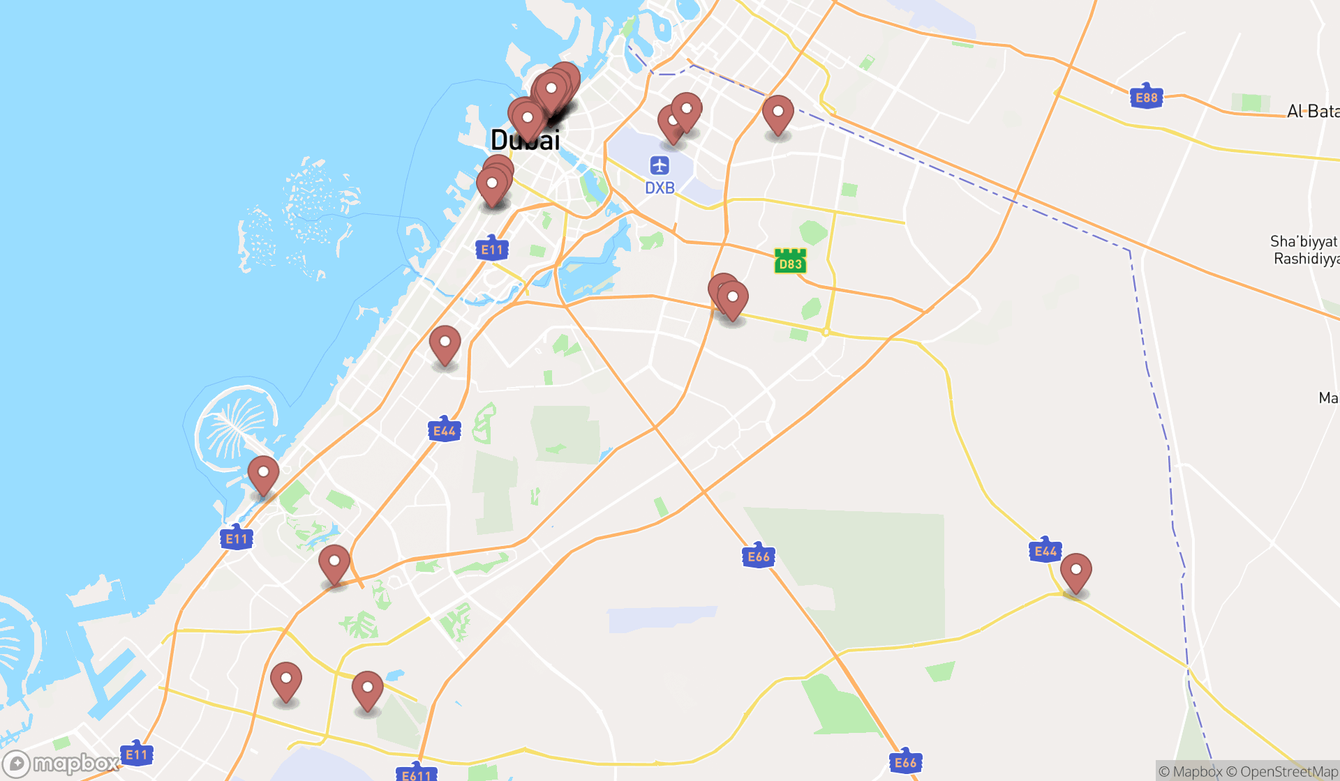Map showing the search results in Dubai