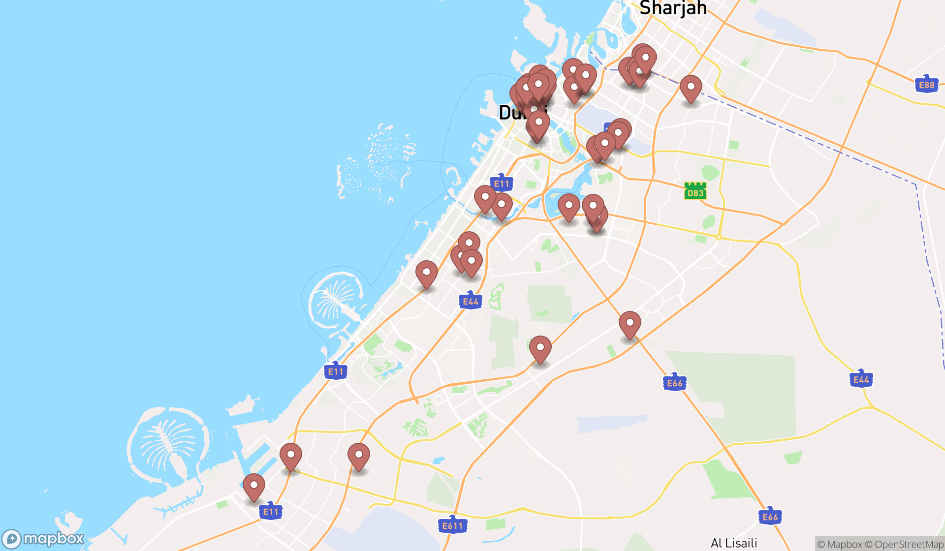 Map showing the search results in Dubai