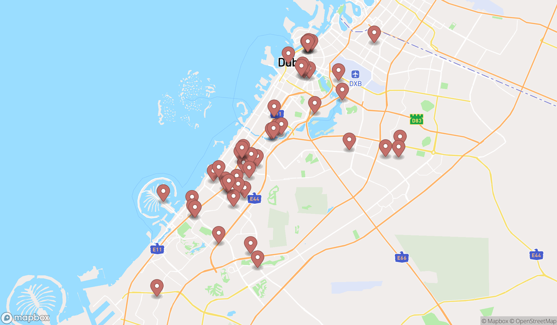 Map showing the search results in Dubai