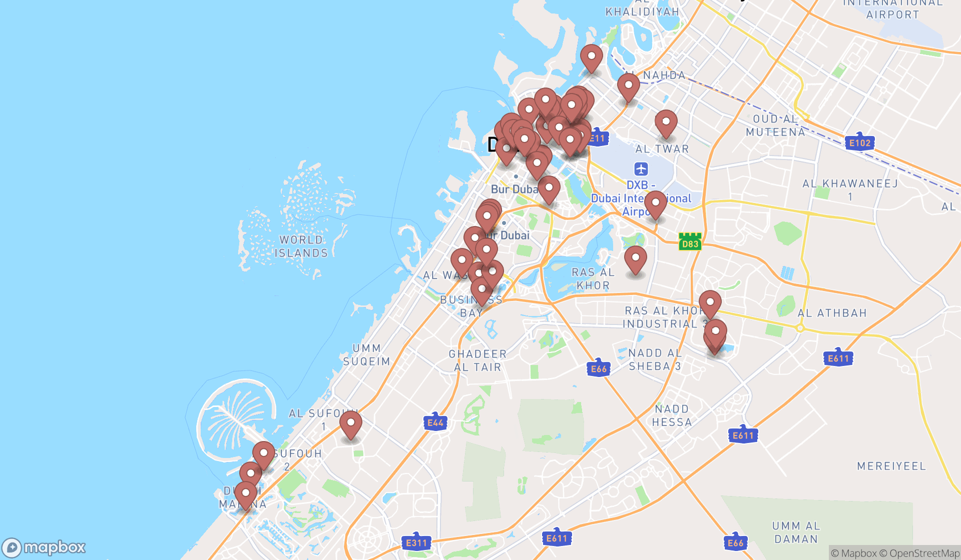 Map showing the search results in Dubai