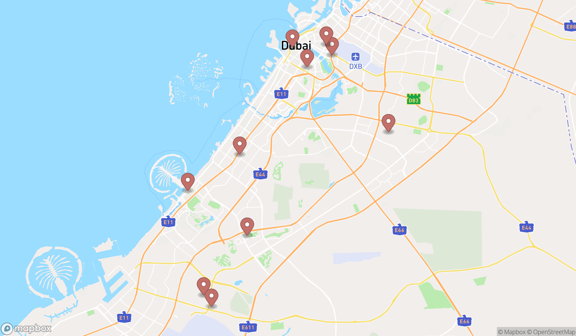 Map showing the search results in Dubai