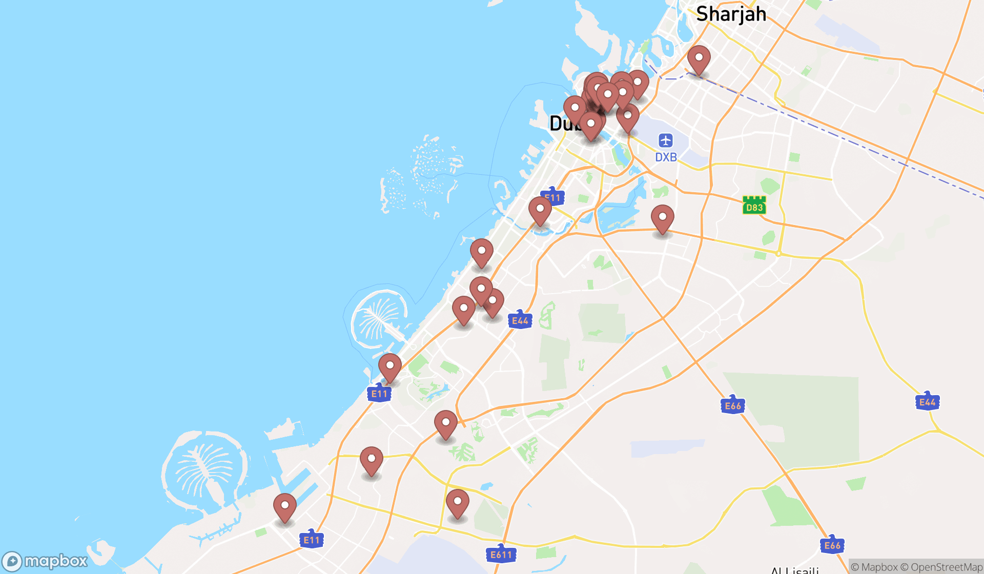 Map showing the search results in Dubai