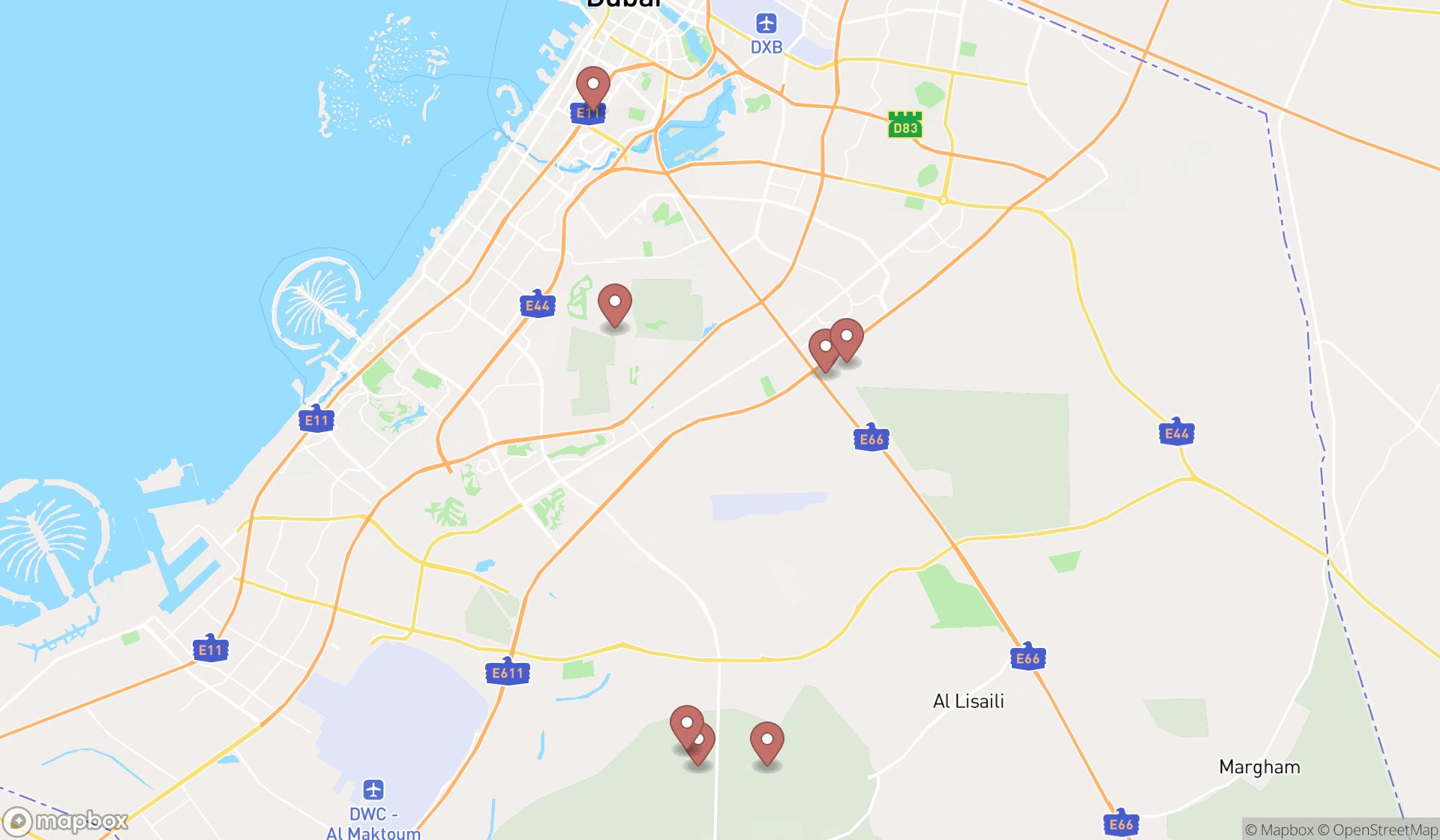 Map showing the search results in Dubai