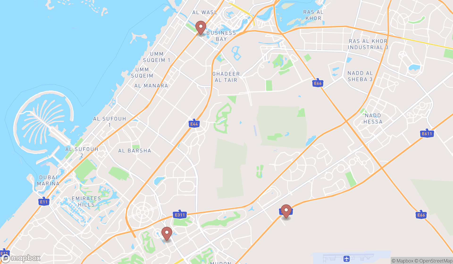 Map showing the search results in Dubai
