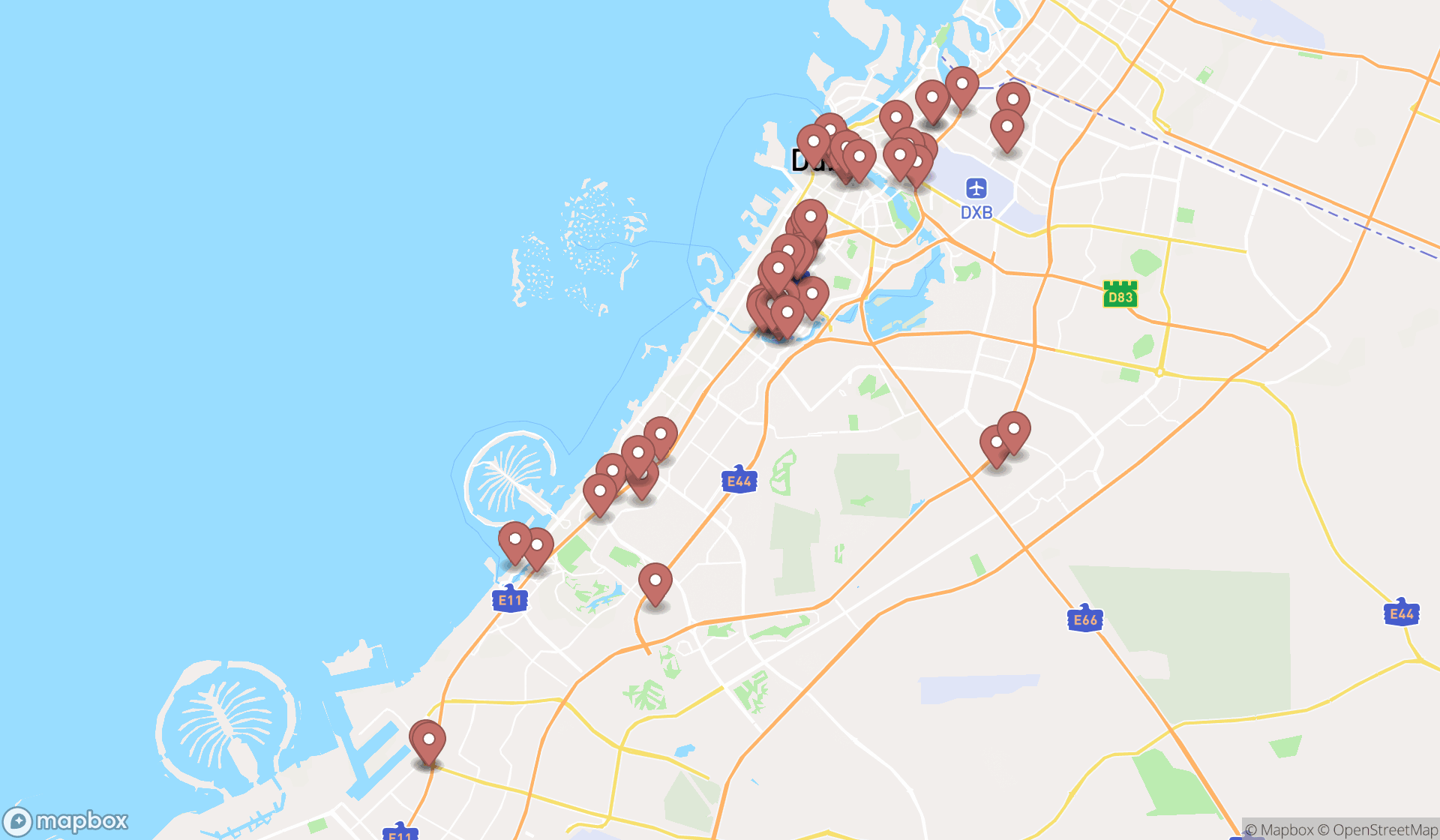 Map showing the search results in Dubai