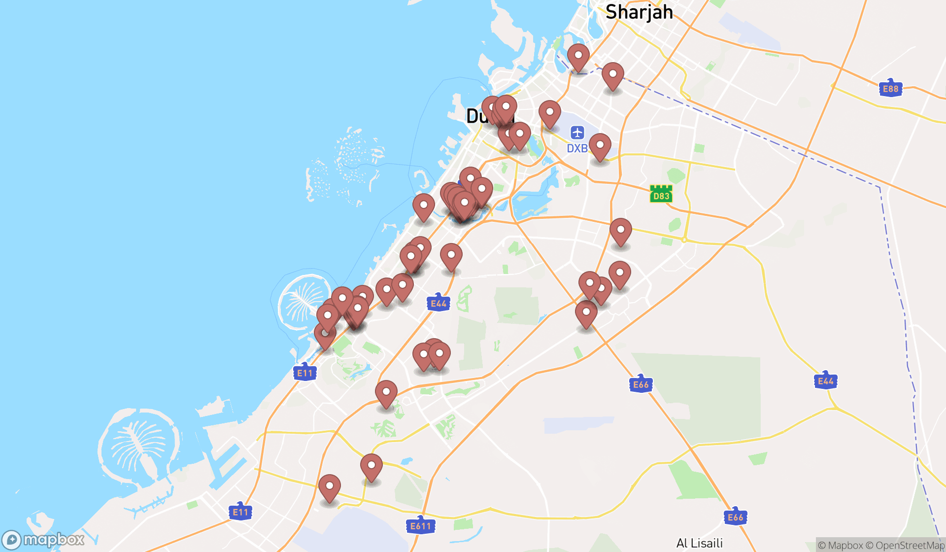 Map showing the search results in Dubai