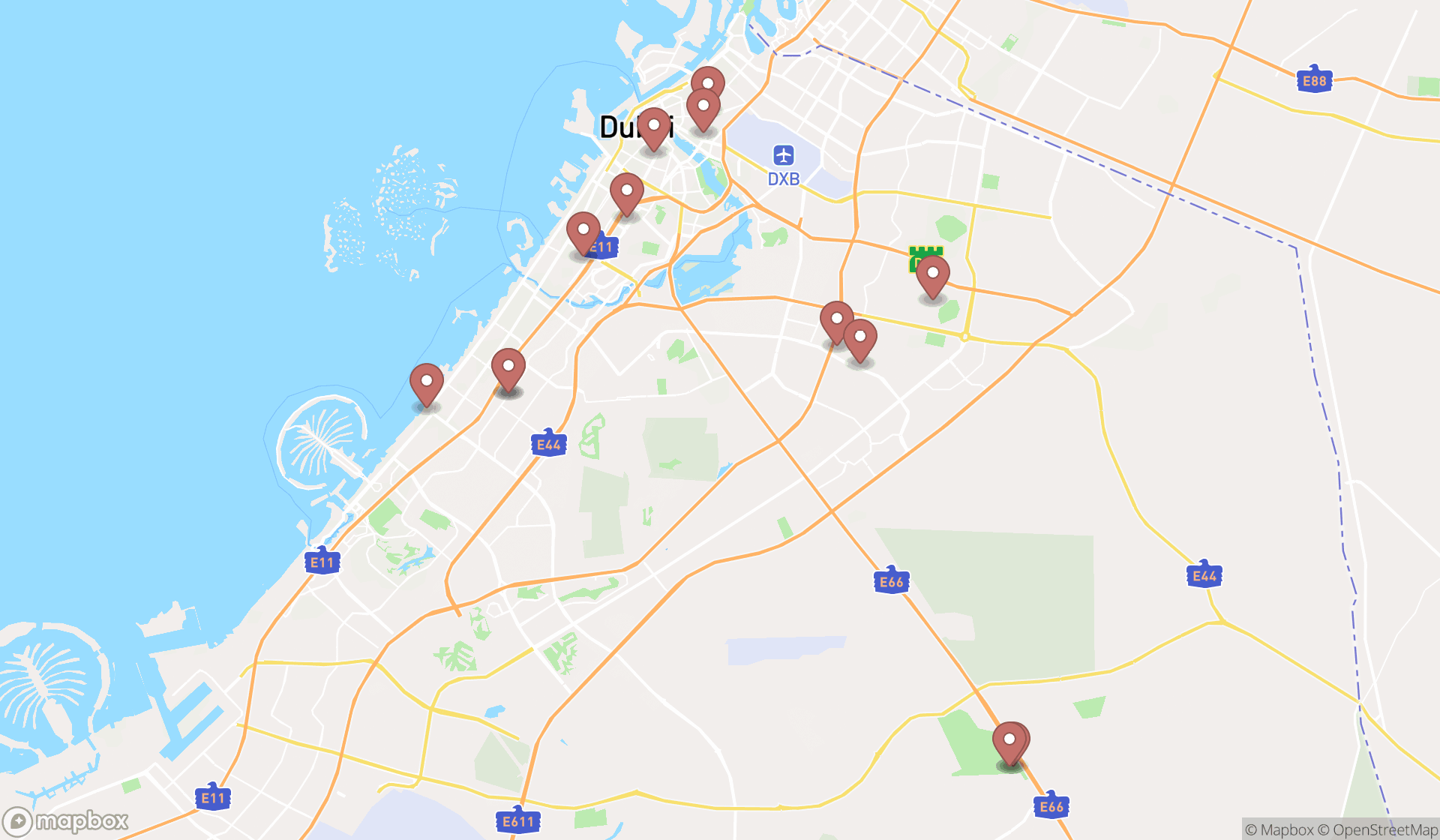 Map showing the search results in Dubai