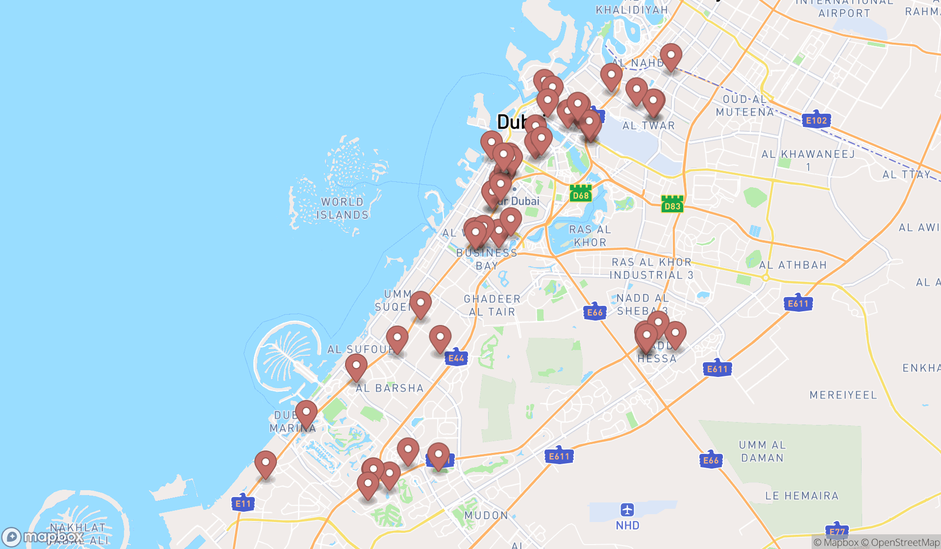 Map showing the search results in Dubai