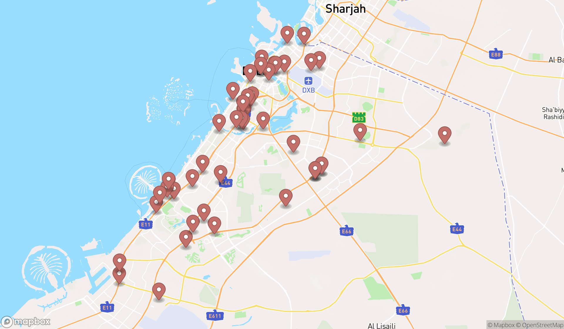 Map showing the search results in Dubai