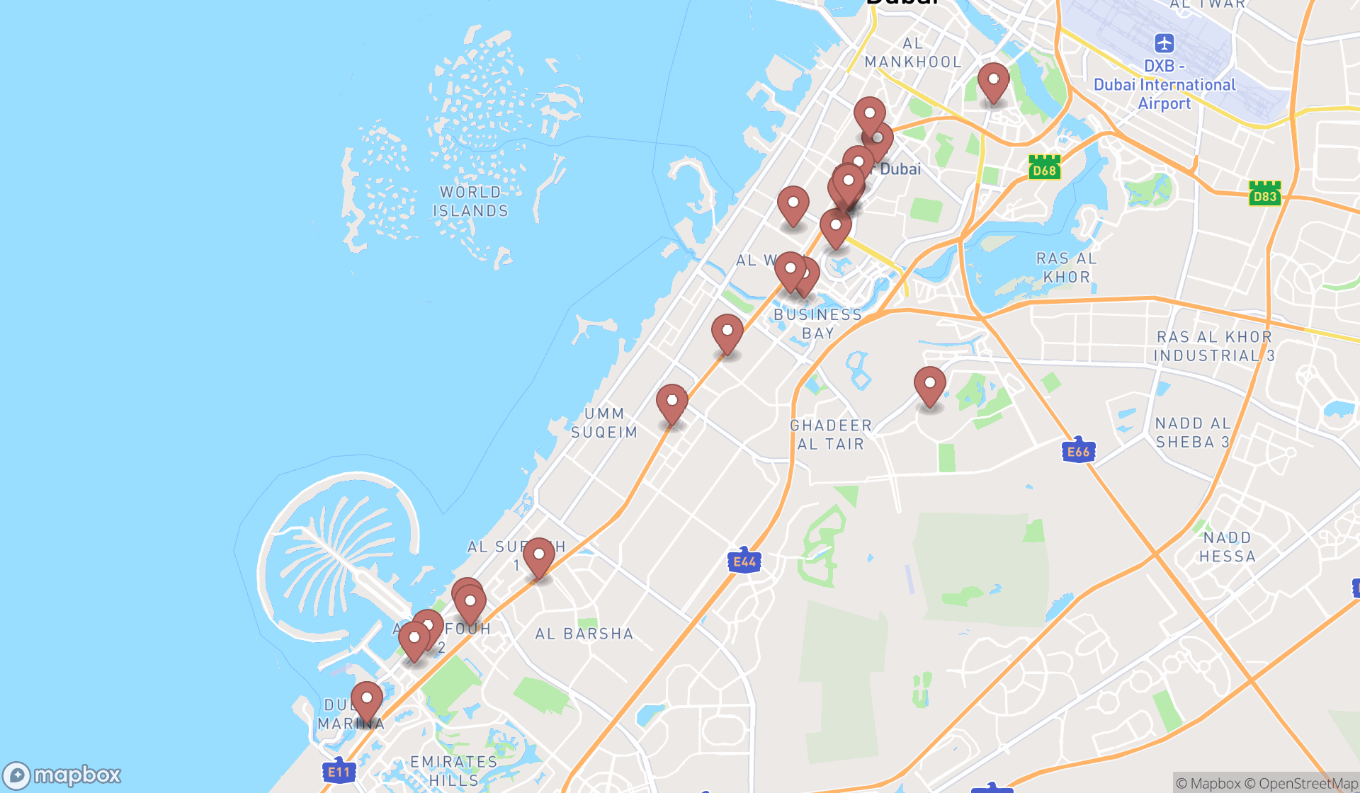 Map showing the search results in Dubai