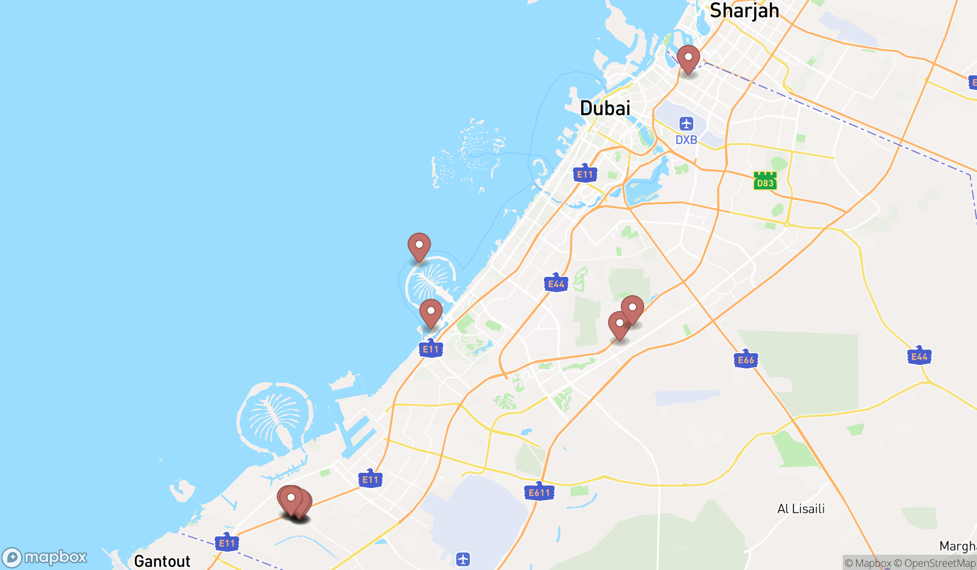 Map showing the search results in Dubai