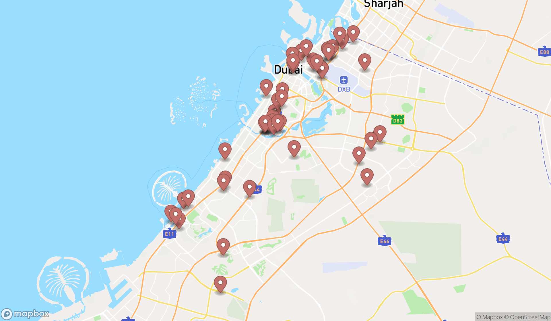 Map showing the search results in Dubai