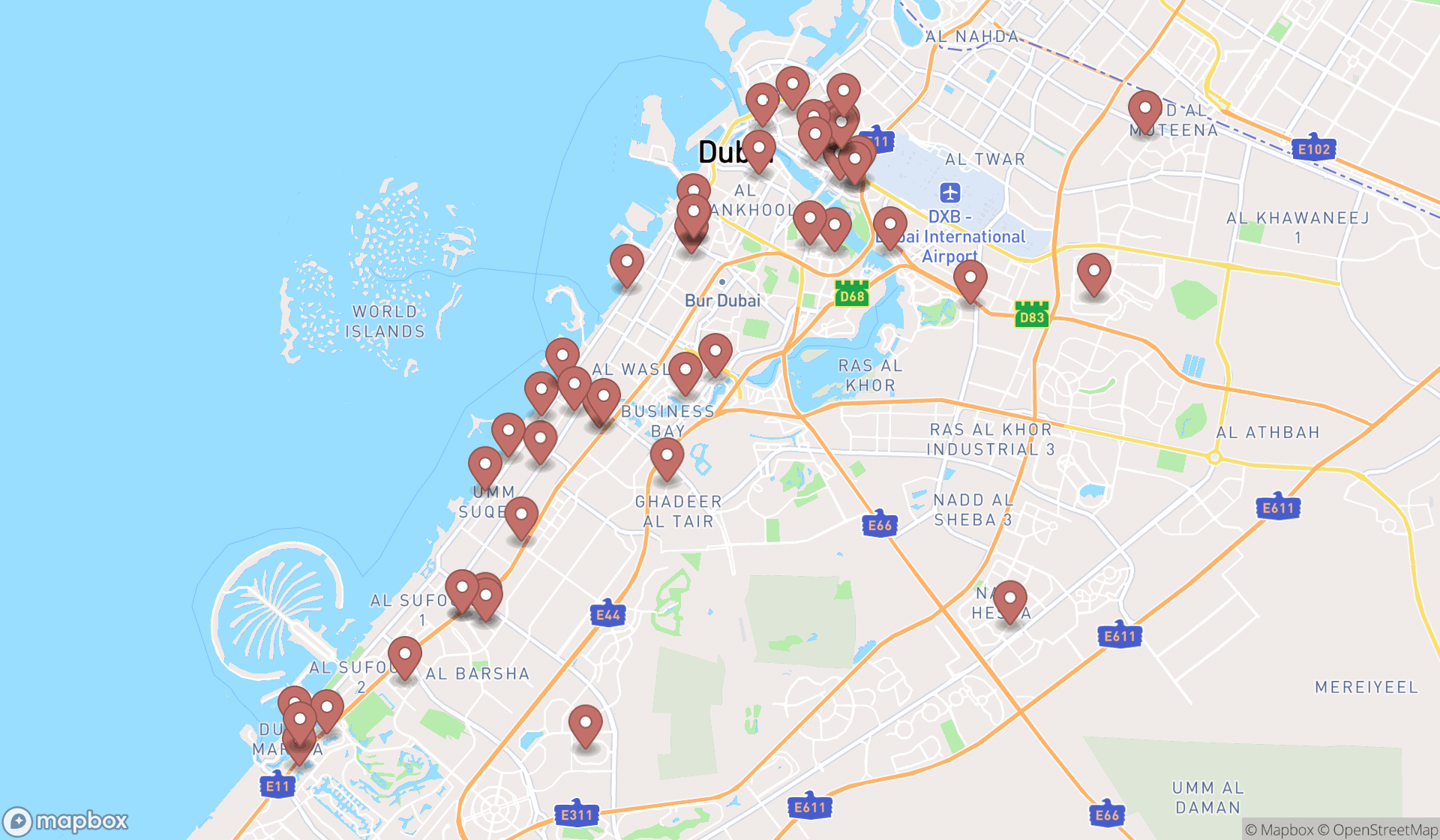Map showing the search results in Dubai