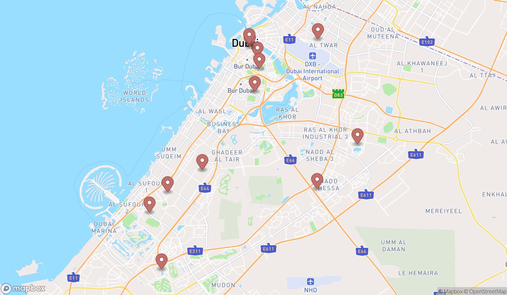 Map showing the search results in Dubai