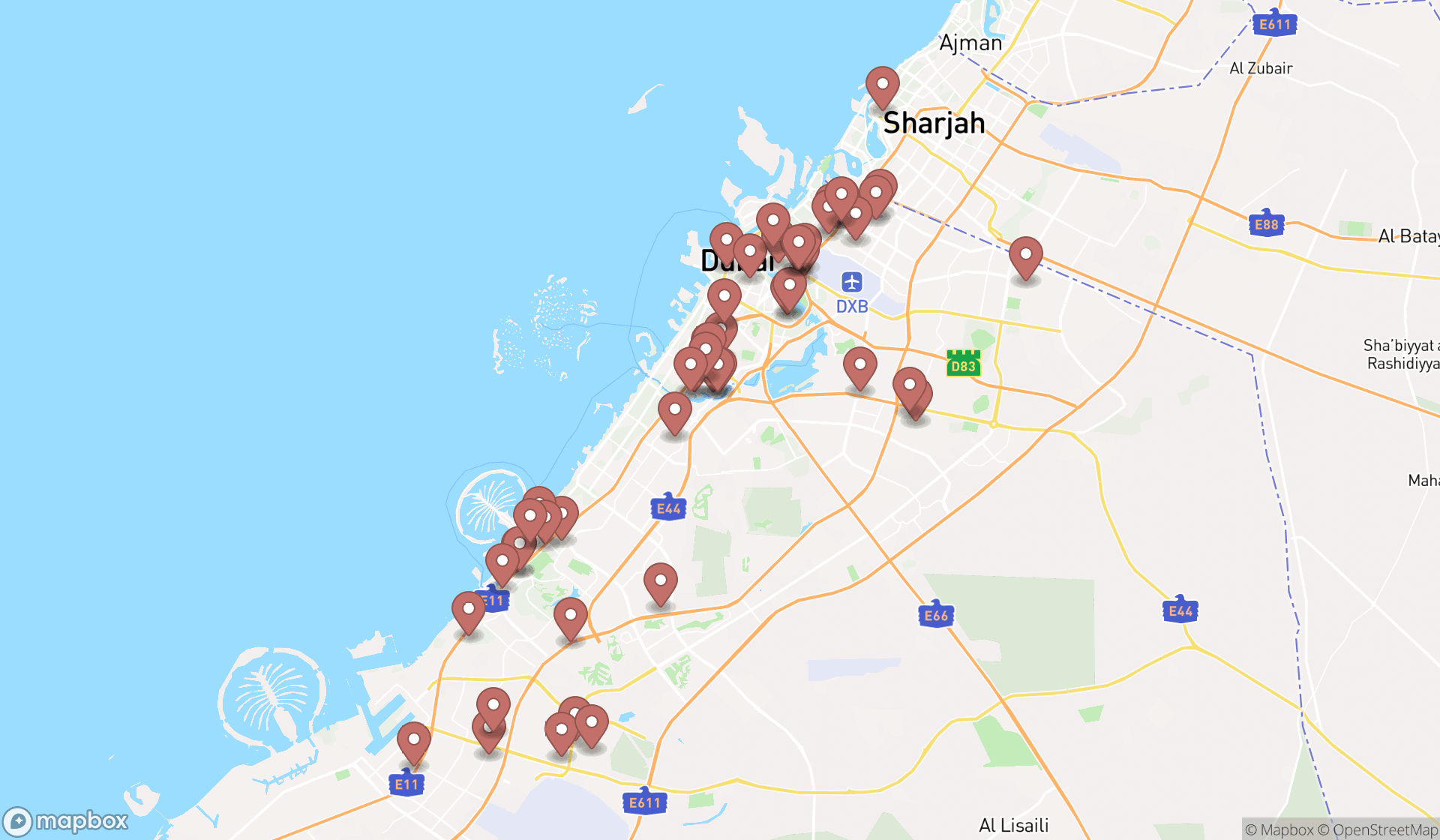 Map showing the search results in Dubai