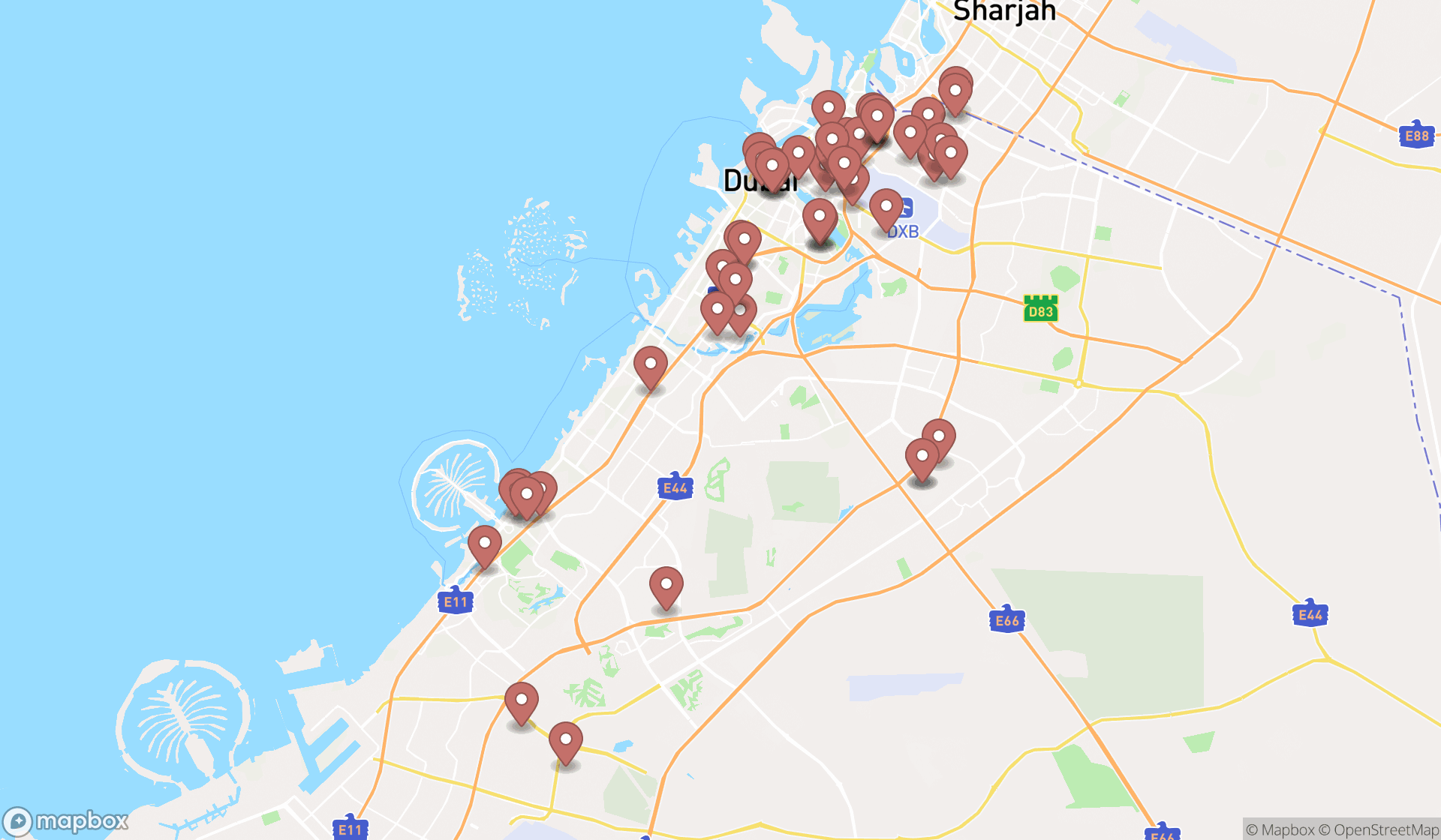 Map showing the search results in Dubai
