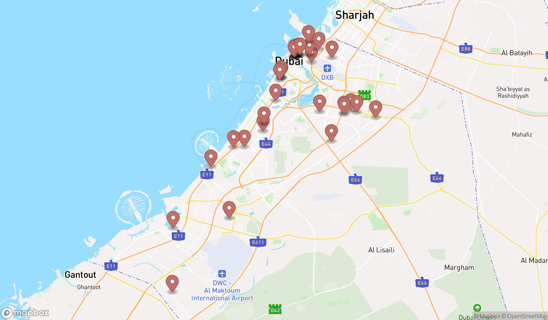 Map showing the search results in Dubai