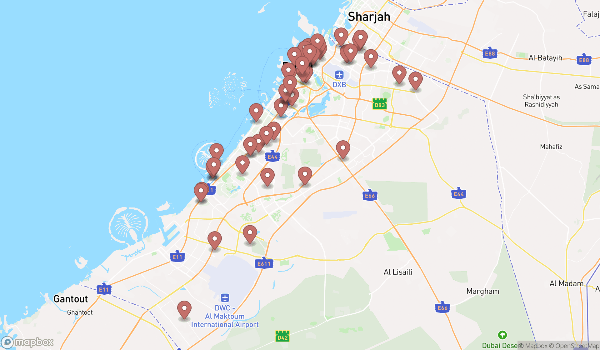 Map showing the search results in Dubai