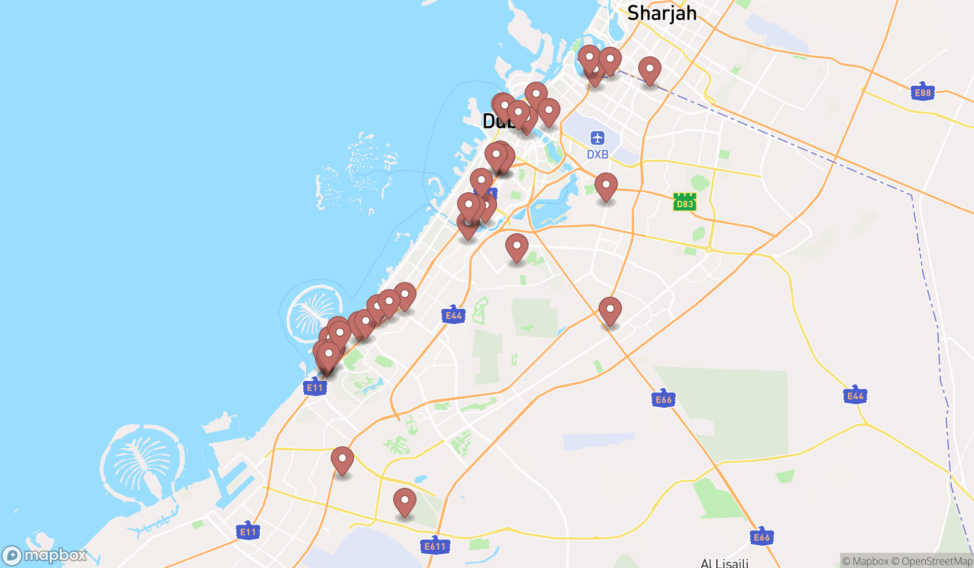 Map showing the search results in Dubai