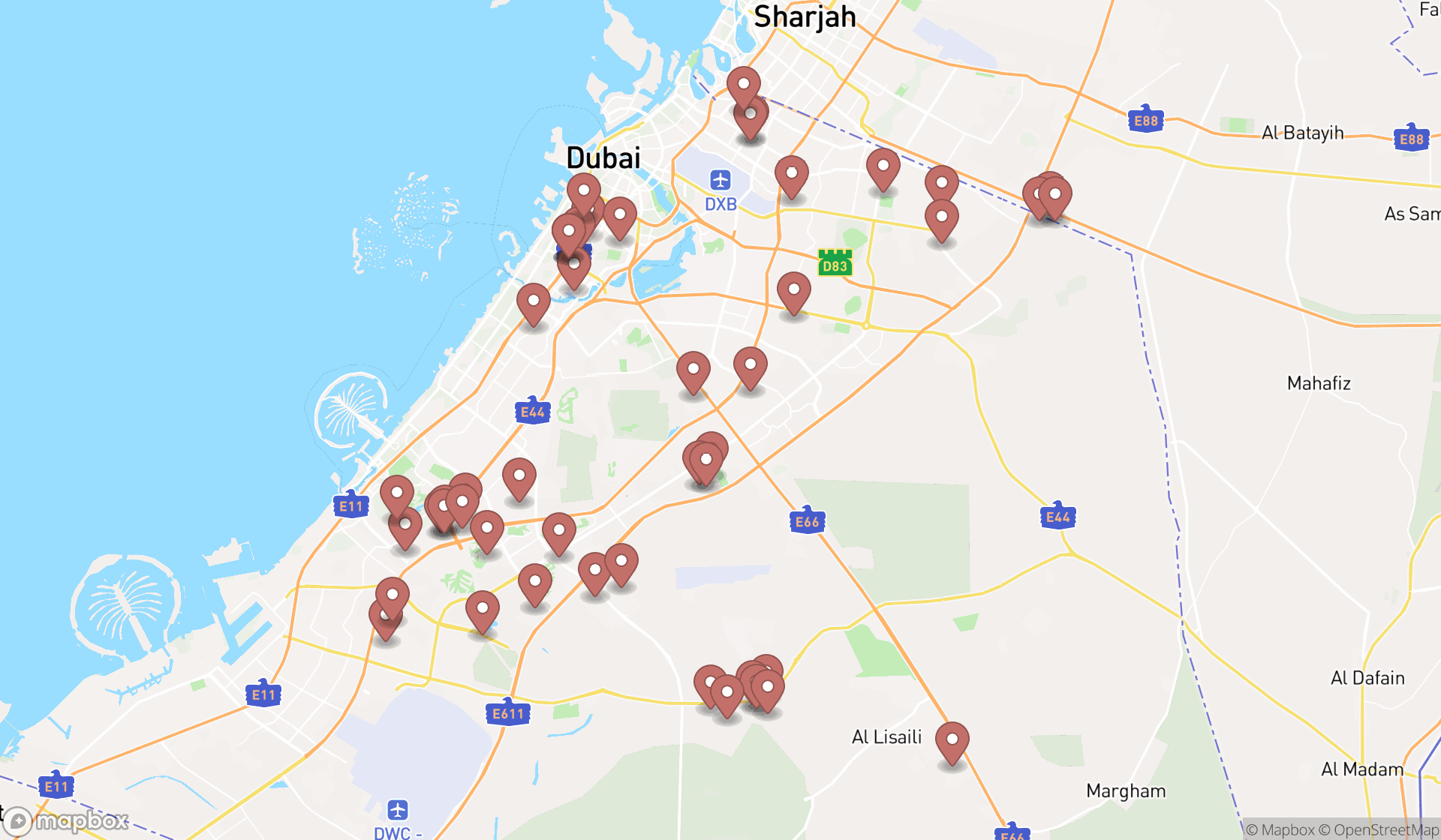 Map showing the search results in Dubai
