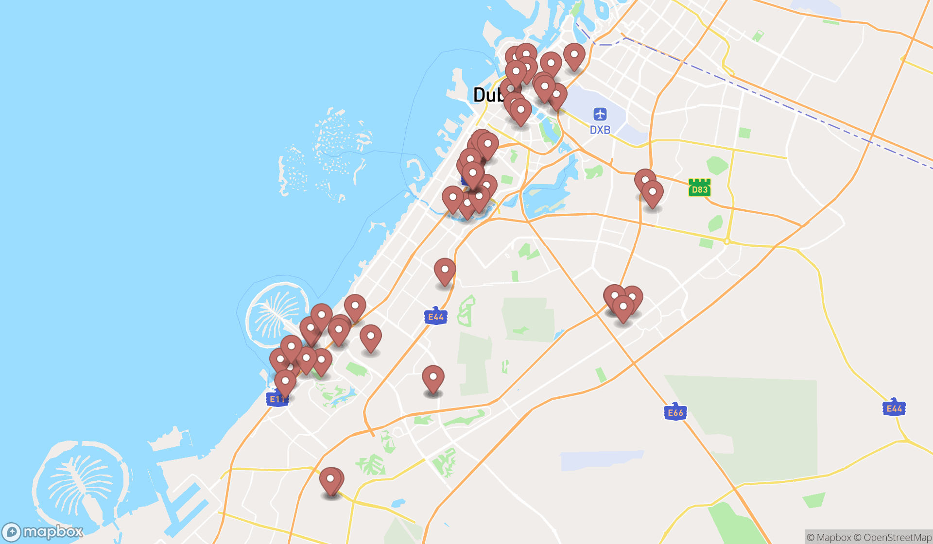 Map showing the search results in Dubai