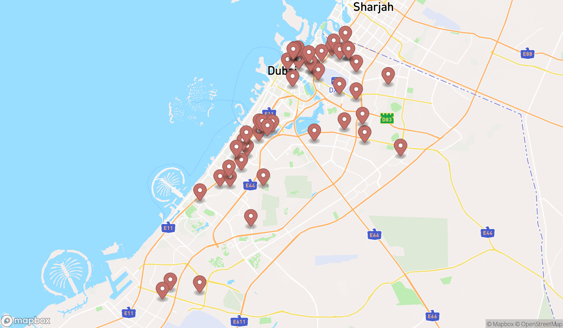 Map showing the search results in Dubai