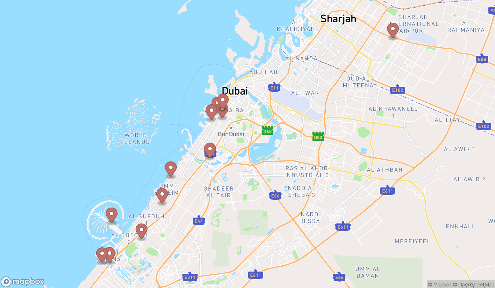 Map showing the search results in Dubai